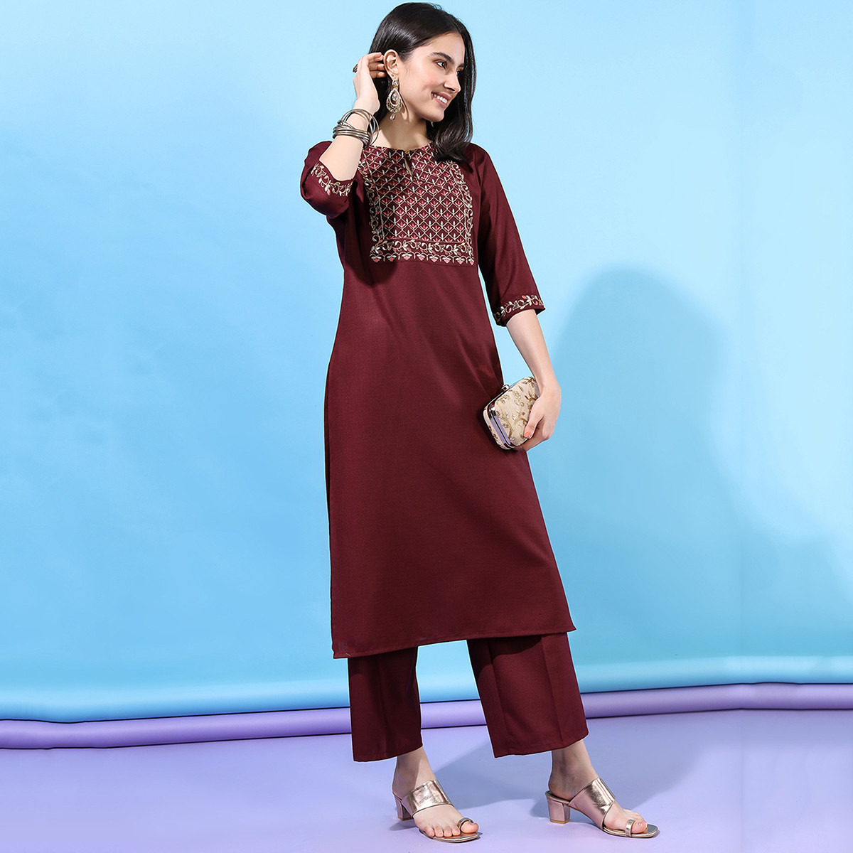 Set of 3 Vishudh Women Burgundy Embroidered Keyhole Neck Kurta with Palazzo and Dupatta-women-clothing-ethnicwear-salwarsuits-image-8