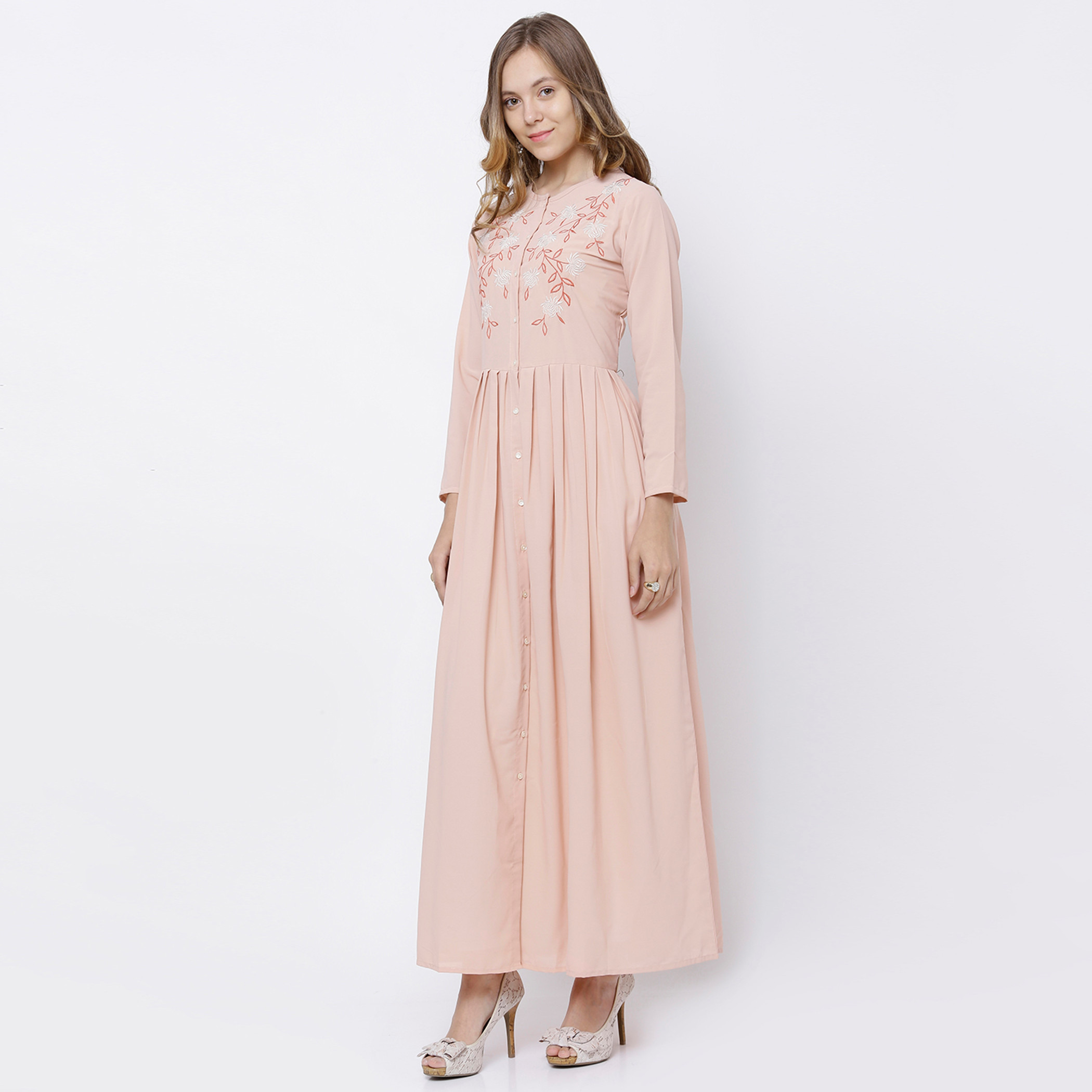 كورتا مزخرفة للنساء برقبة دائرية ومطوية بلون خوخي من فيشوده-women-clothing-ethnicwear-kurtas-image-2