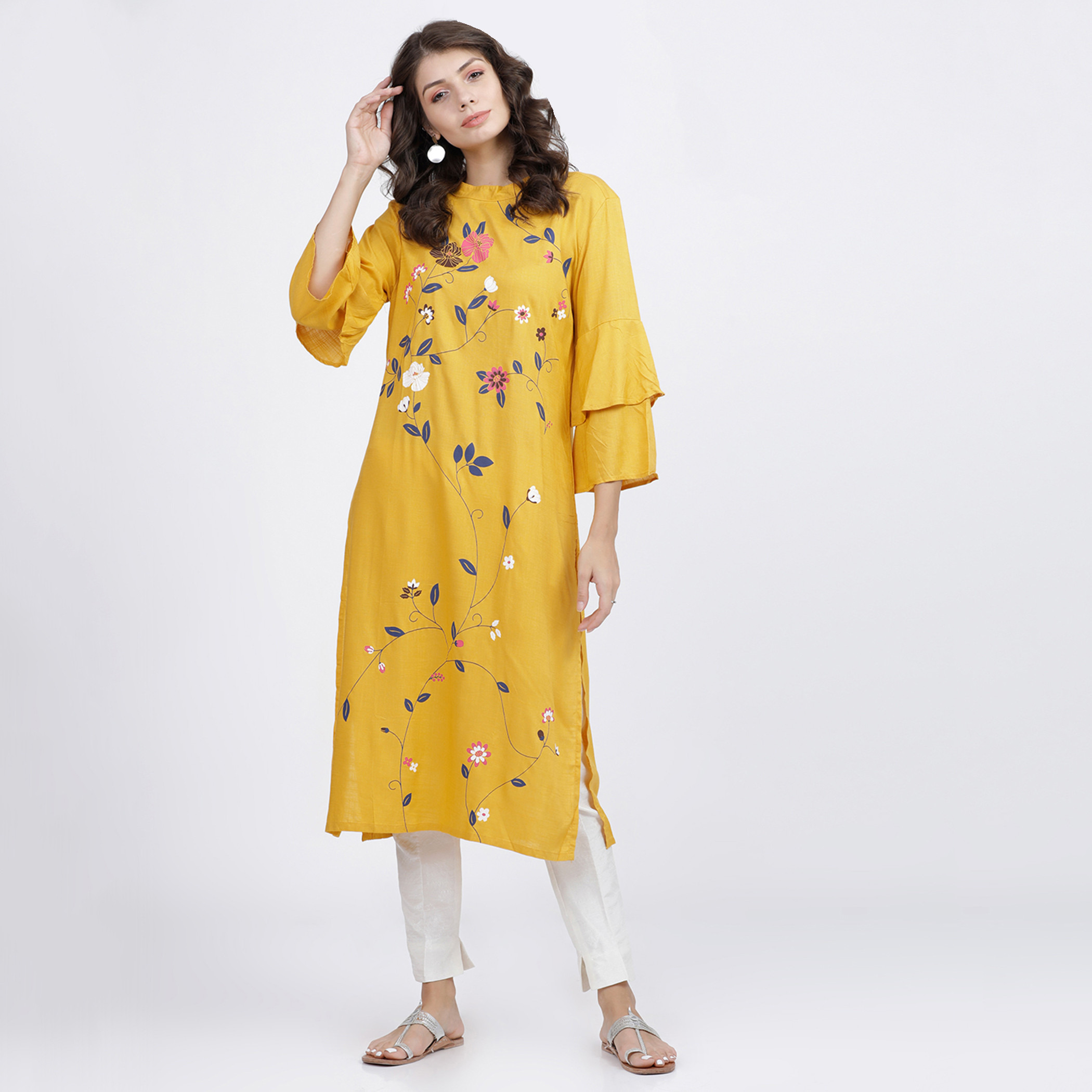كورتا مستقيمة ذات رقبة عالية ومطبوعة بزهور الخردل للنساء من فيشوده-women-clothing-ethnicwear-kurtas-image-1