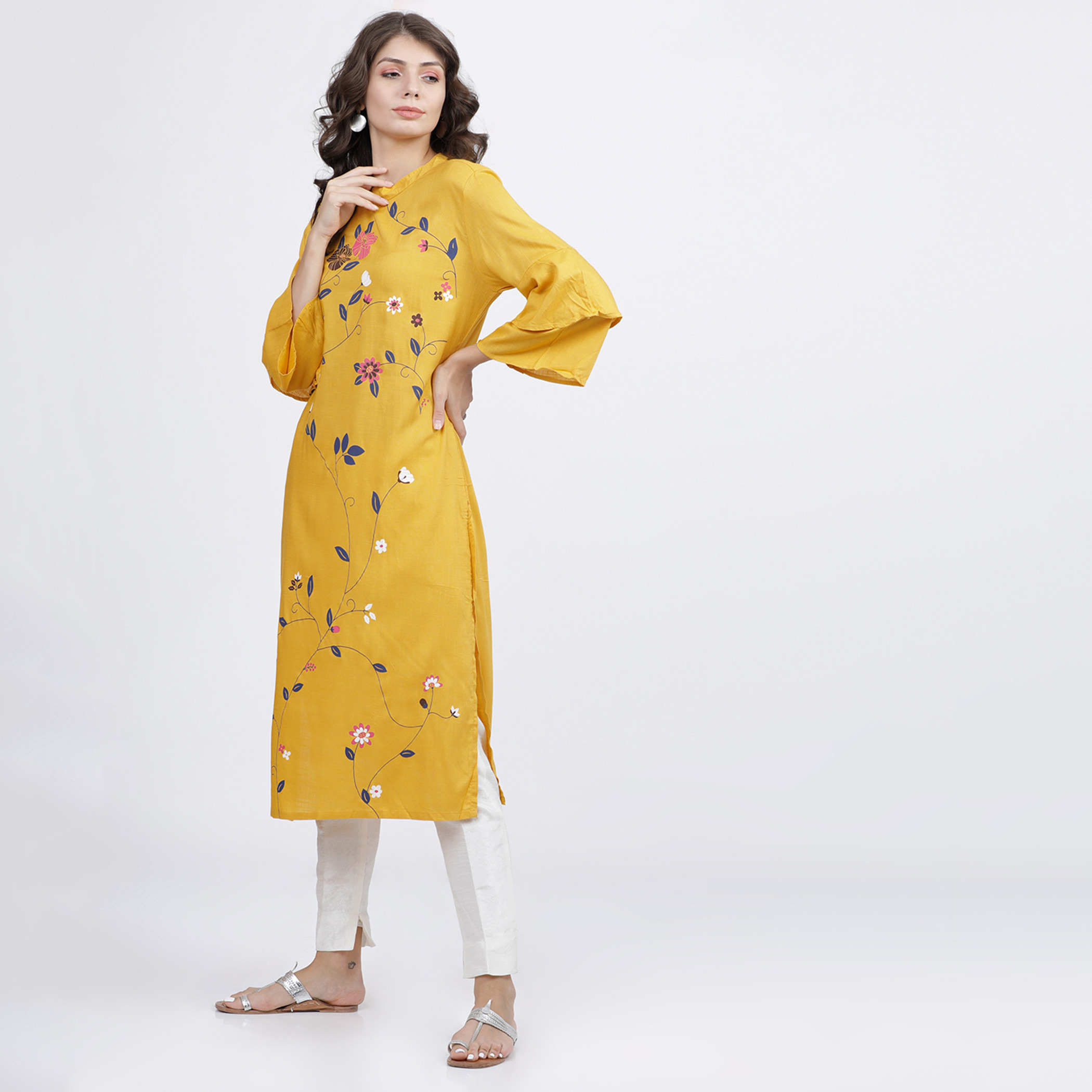 كورتا مستقيمة ذات رقبة عالية ومطبوعة بزهور الخردل للنساء من فيشوده-women-clothing-ethnicwear-kurtas-image-2