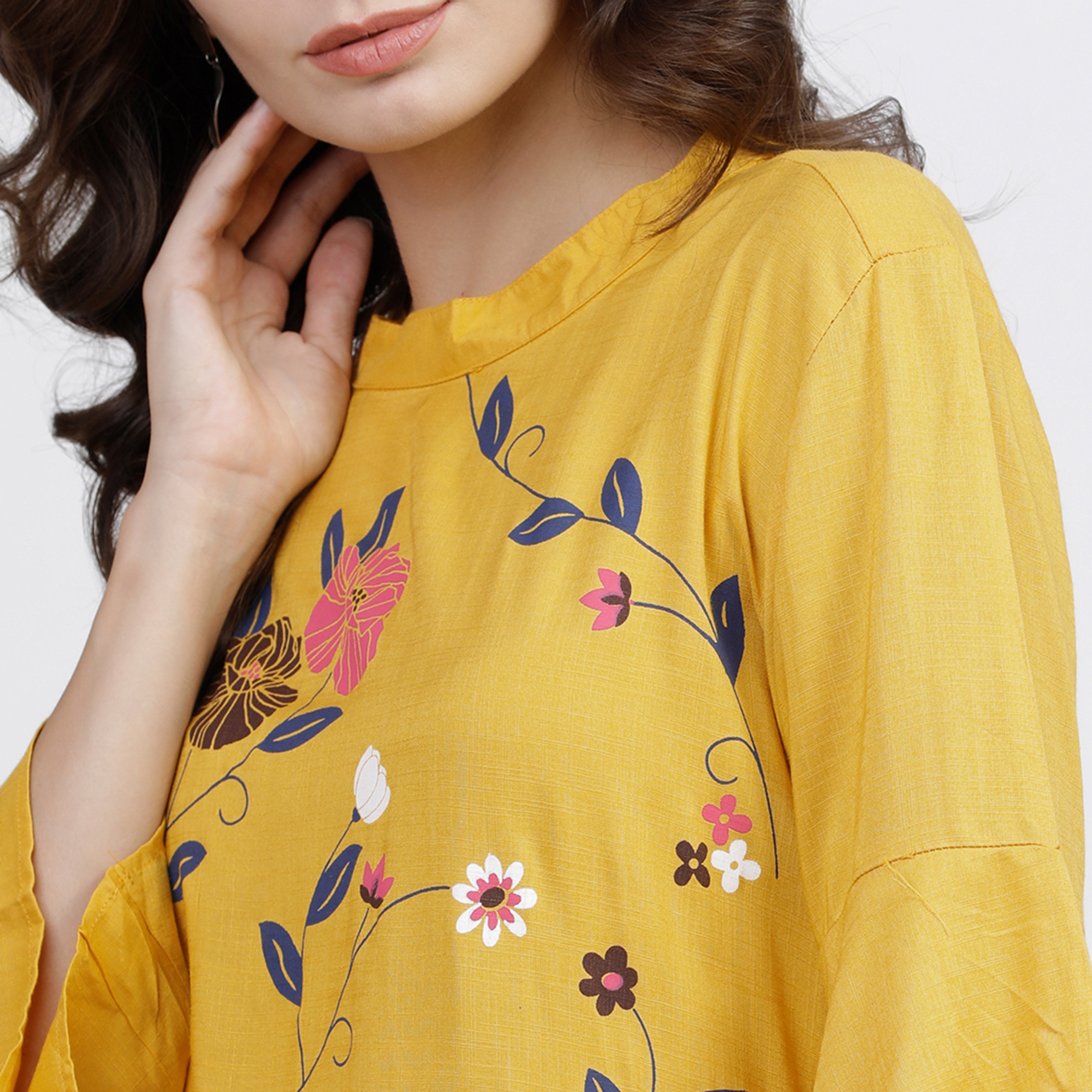 كورتا مستقيمة ذات رقبة عالية ومطبوعة بزهور الخردل للنساء من فيشوده-women-clothing-ethnicwear-kurtas-image-4