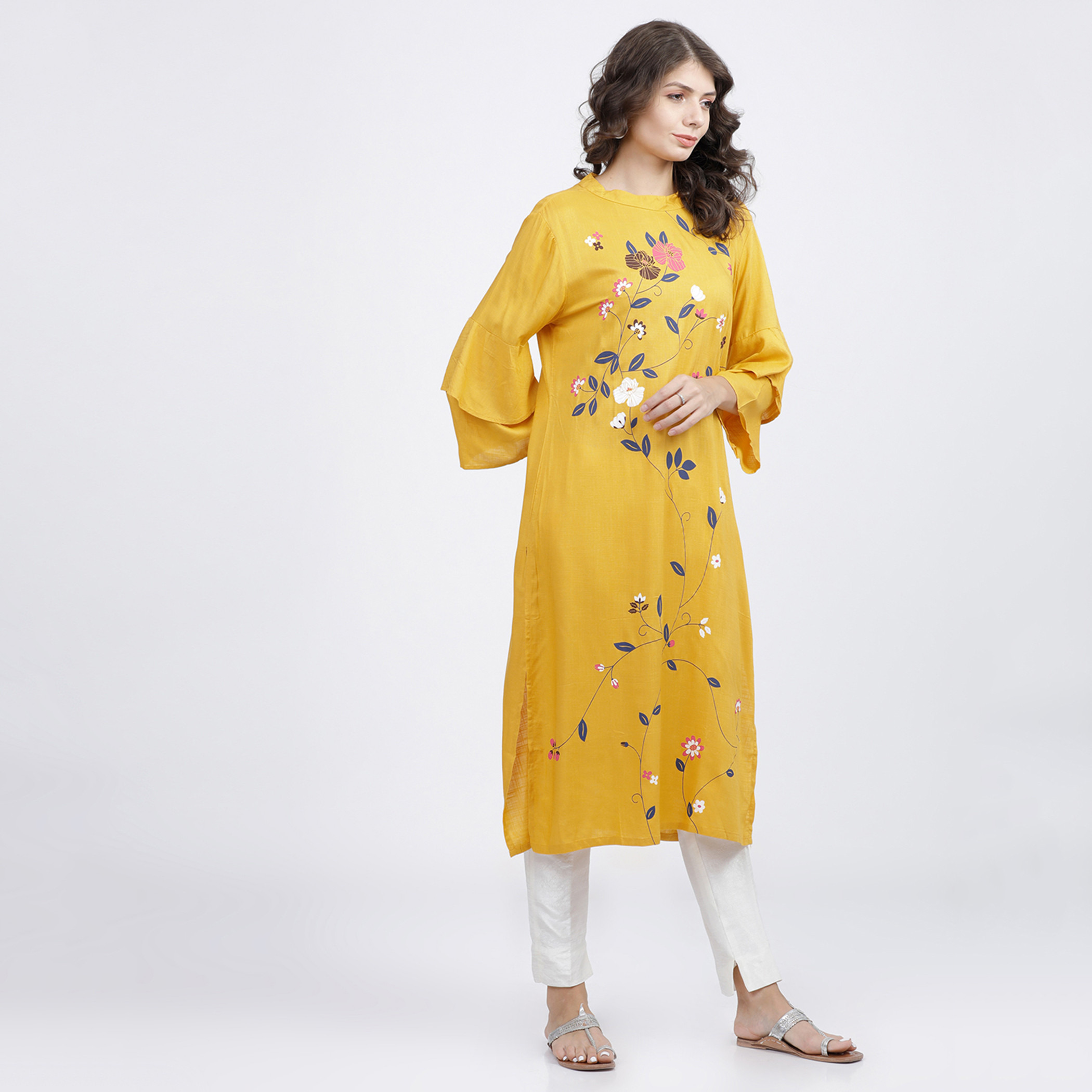 كورتا مستقيمة ذات رقبة عالية ومطبوعة بزهور الخردل للنساء من فيشوده-women-clothing-ethnicwear-kurtas-image-5