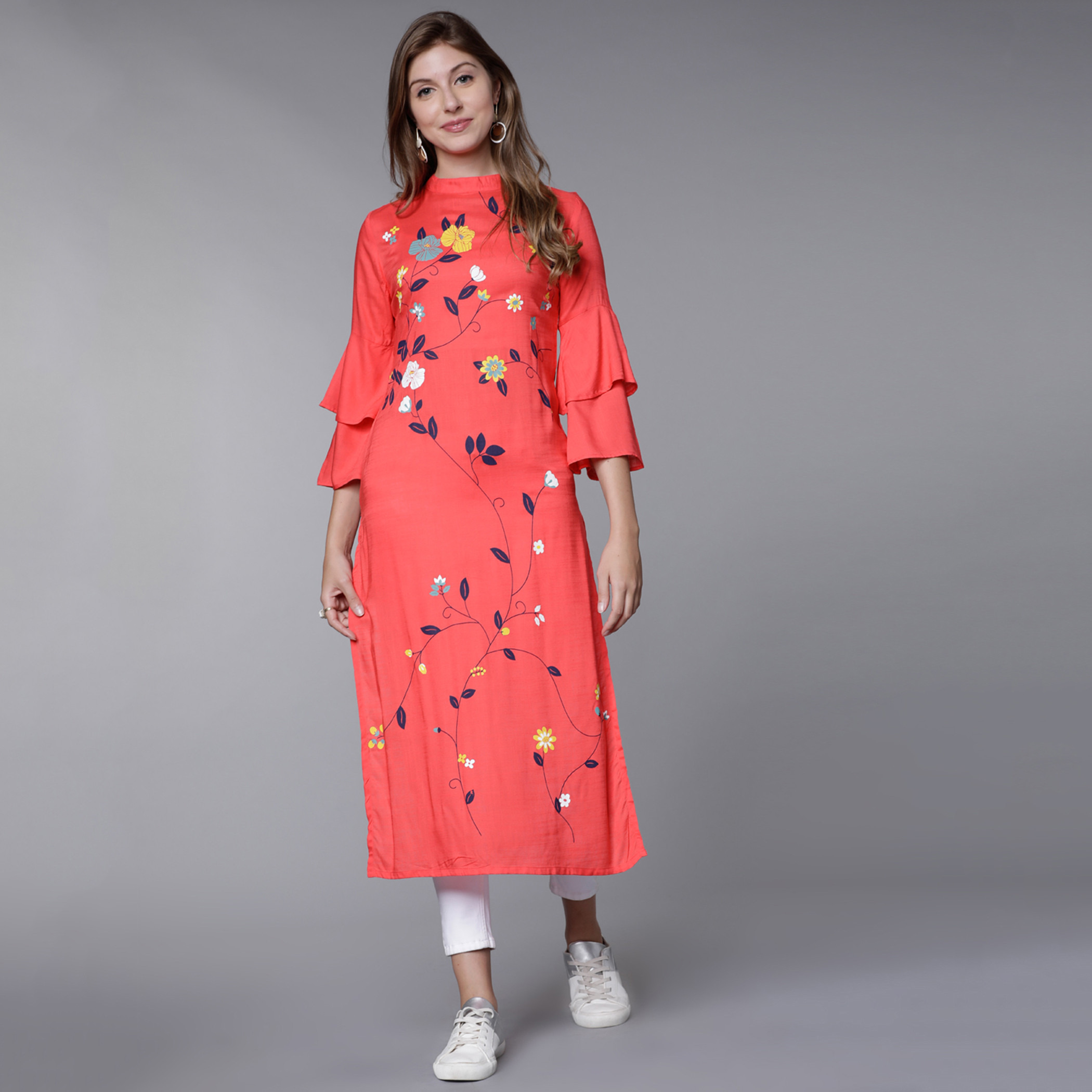 Vishdhd Buy Vishudh Women Pink Floral High Neck Straight Kurta Online ...
