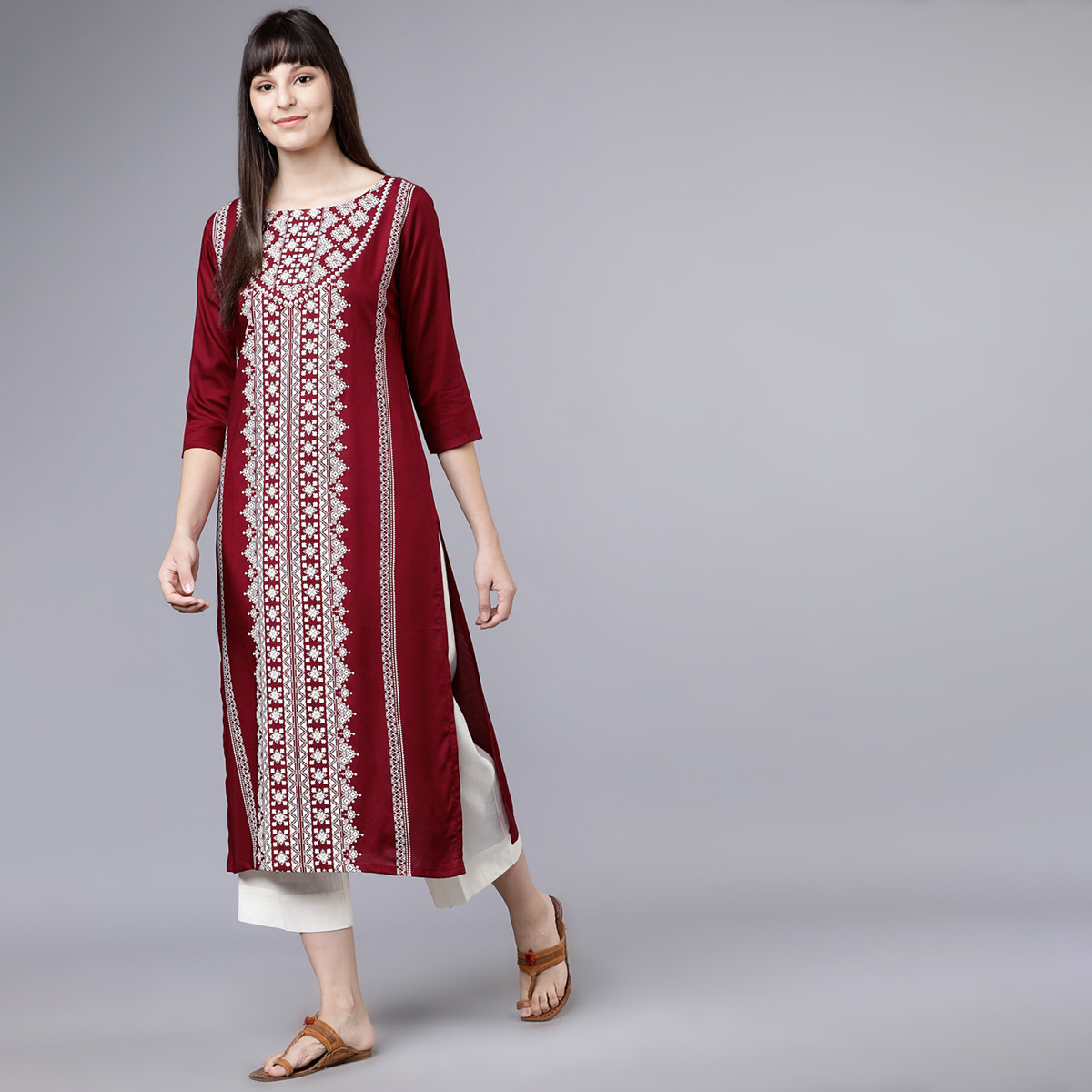 Vishudh Women Maroon Printed Boat Neck Straight Kurta-women-clothing-ethnicwear-kurtas-image-2