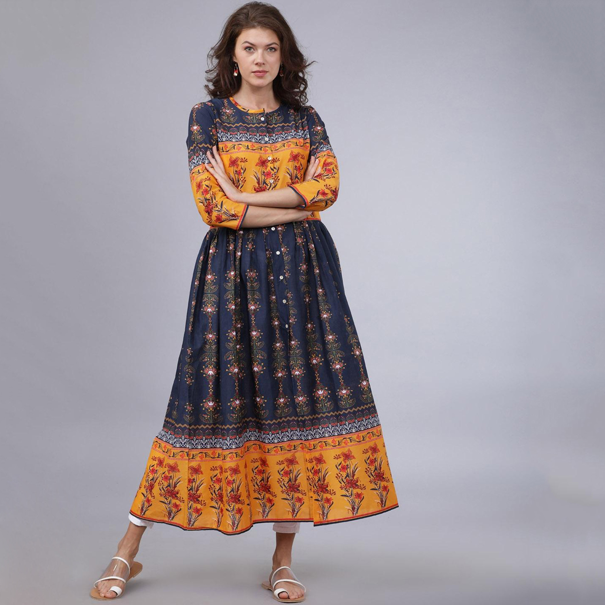Vishudh Women Navy Blue Printed Round Neck Anarkali Kurta-women-clothing-ethnicwear-kurtas-image-1