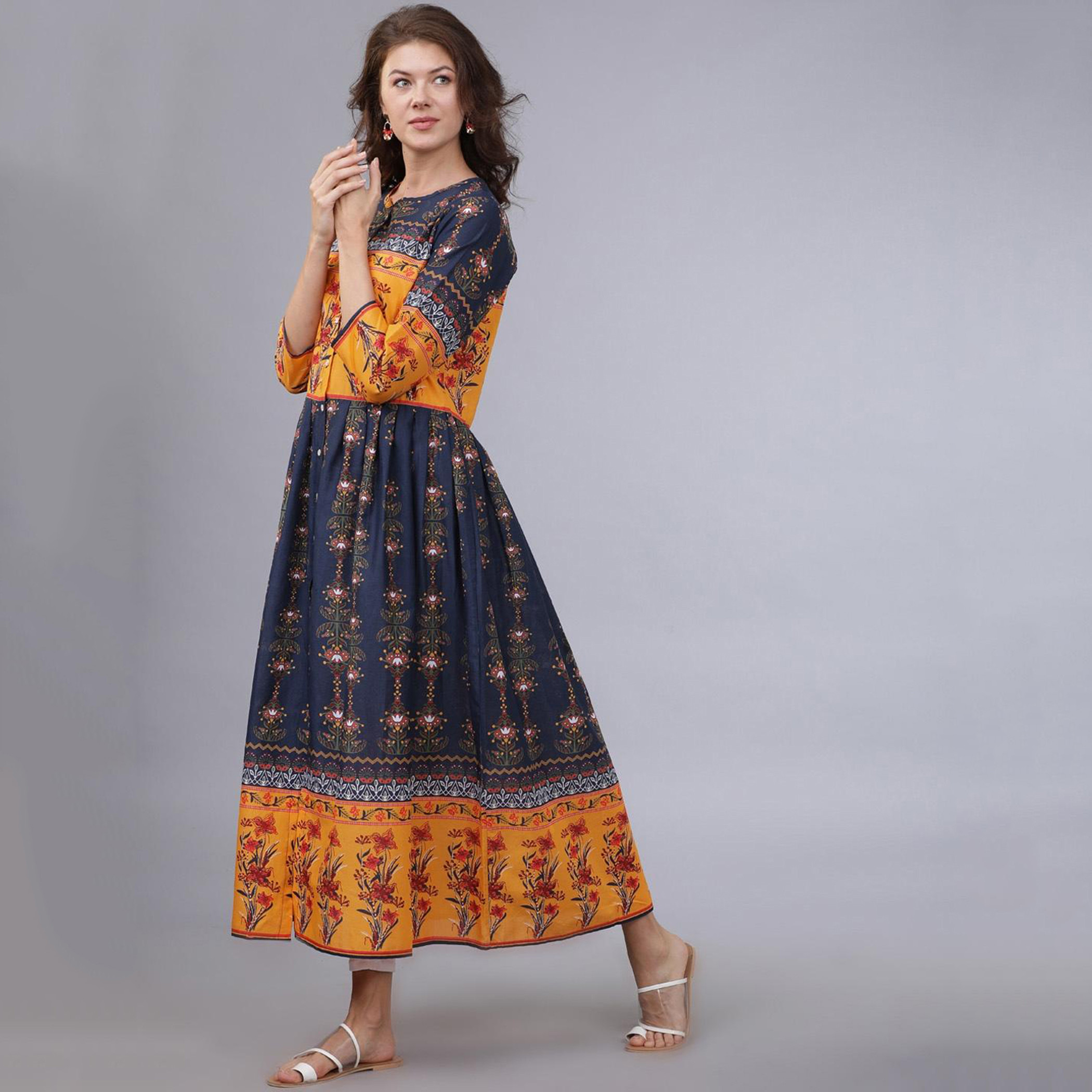 Vishudh Women Navy Blue Printed Round Neck Anarkali Kurta-women-clothing-ethnicwear-kurtas-image-2