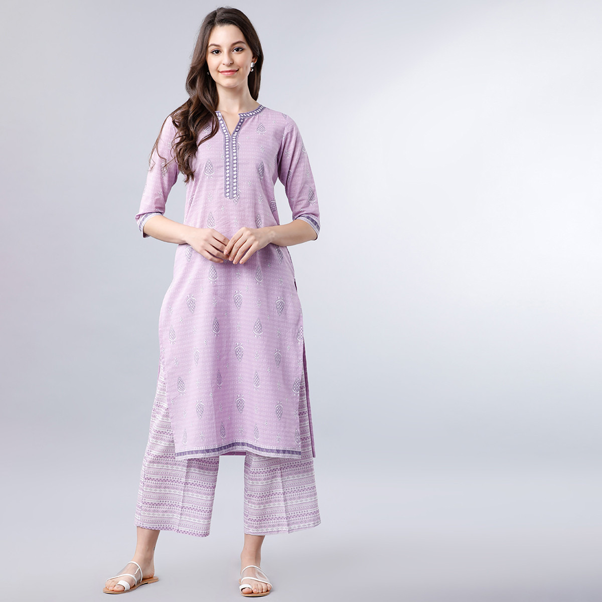 كورتا من فيشوده للنساء مطبوع برقبة محززة من المستقيم مع بنفسجي فاتح-women-clothing-ethnicwear-kurtas-image-1
