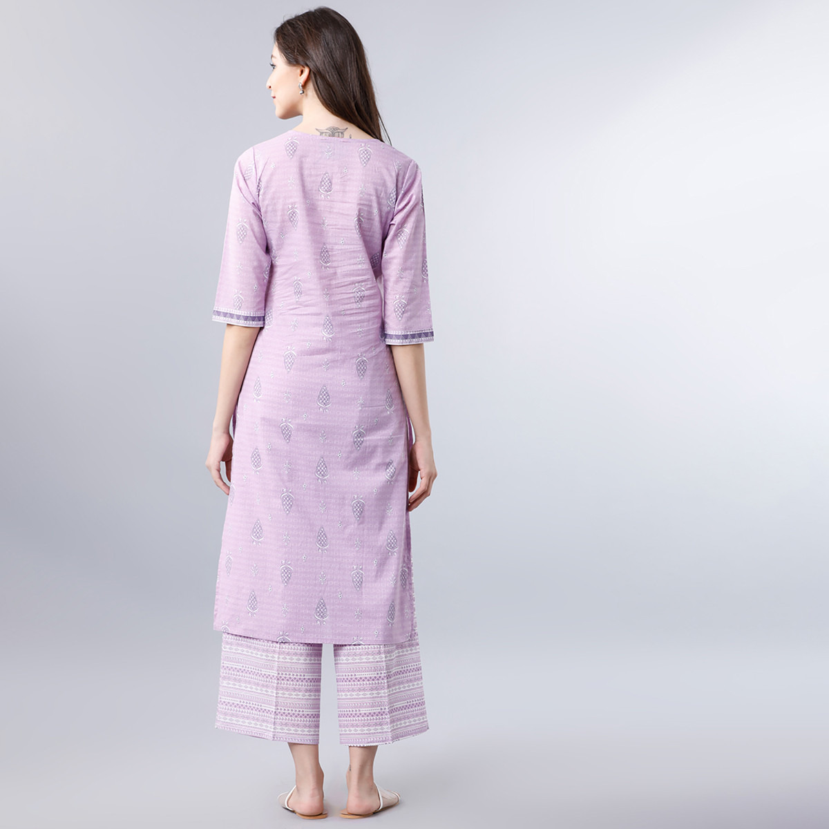 كورتا من فيشوده للنساء مطبوع برقبة محززة من المستقيم مع بنفسجي فاتح-women-clothing-ethnicwear-kurtas-image-3
