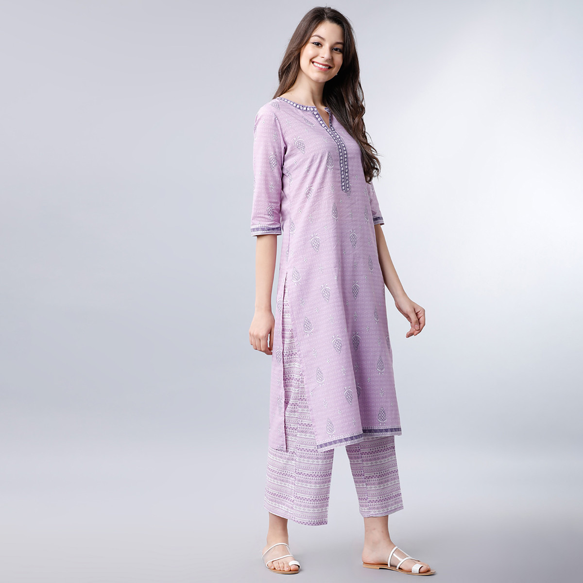 كورتا من فيشوده للنساء مطبوع برقبة محززة من المستقيم مع بنفسجي فاتح-women-clothing-ethnicwear-kurtas-image-5