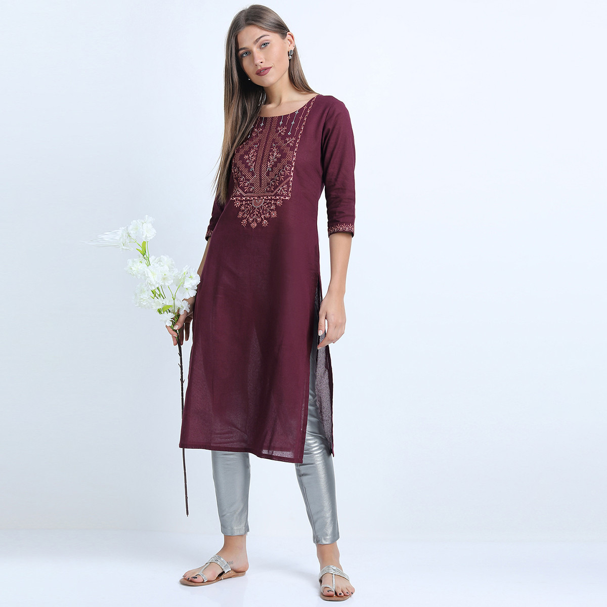 Vishudh Women Maroon Embroidered Round Neck Straight Kurta-women-clothing-ethnicwear-kurtas-image-1