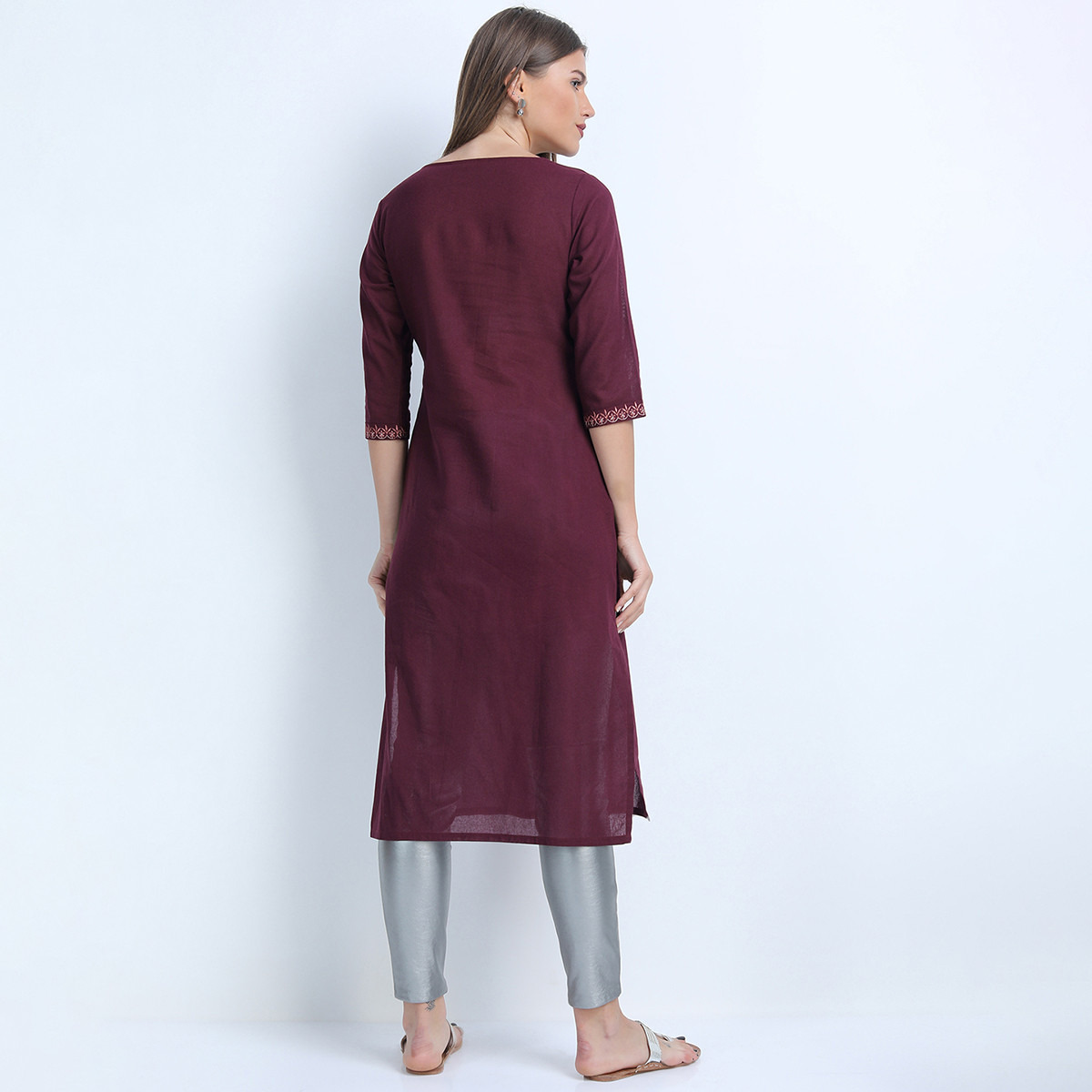 Vishudh Women Maroon Embroidered Round Neck Straight Kurta-women-clothing-ethnicwear-kurtas-image-3