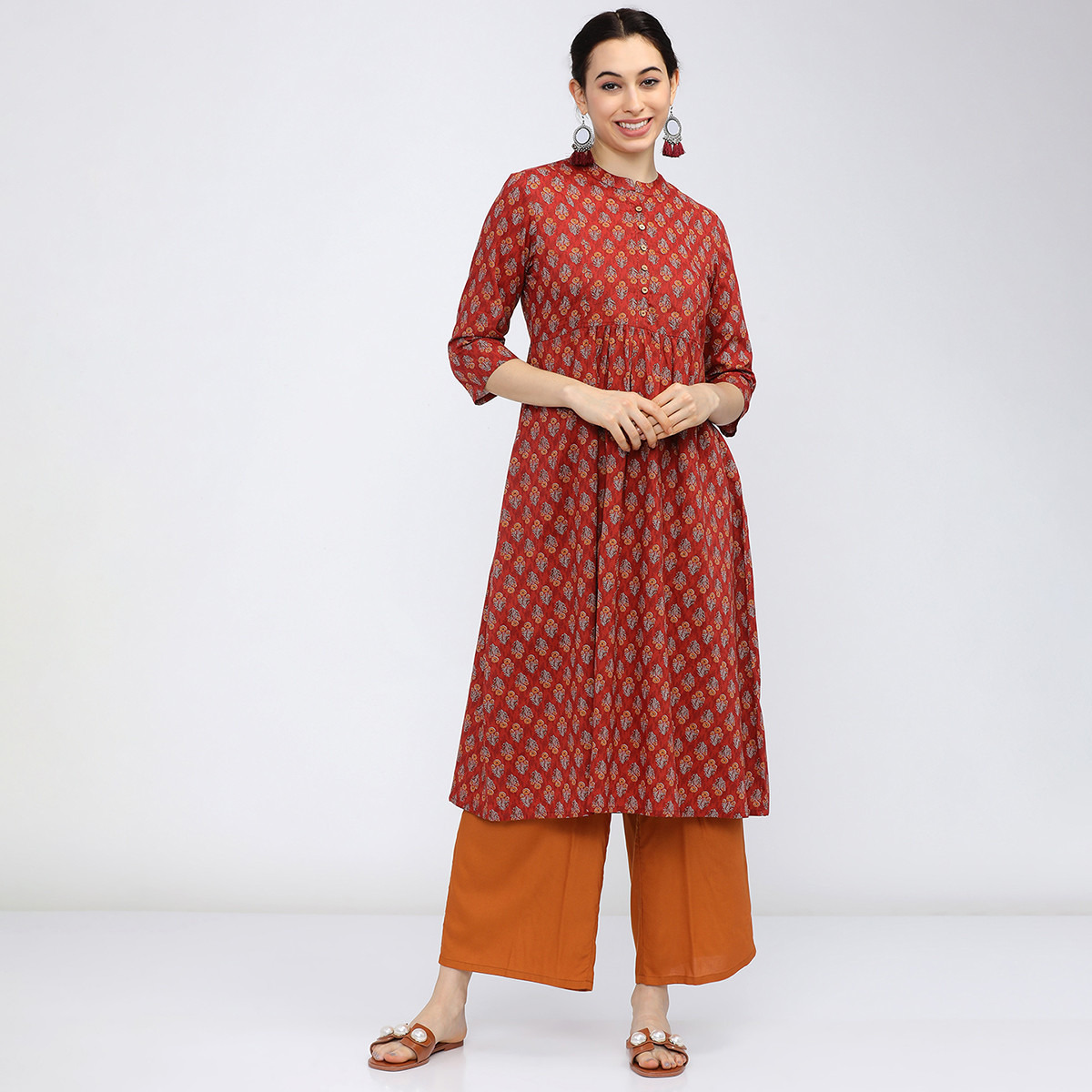 Vishudh Women Rust Printed Mandarin Neck A-Line Kurta-women-clothing-ethnicwear-kurtas-image-1