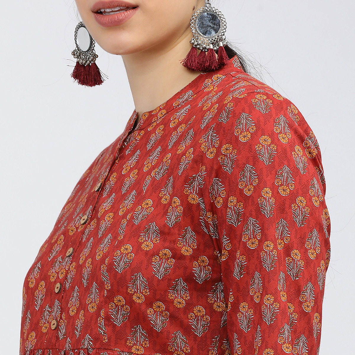 Vishudh Women Rust Printed Mandarin Neck A-Line Kurta-women-clothing-ethnicwear-kurtas-image-4