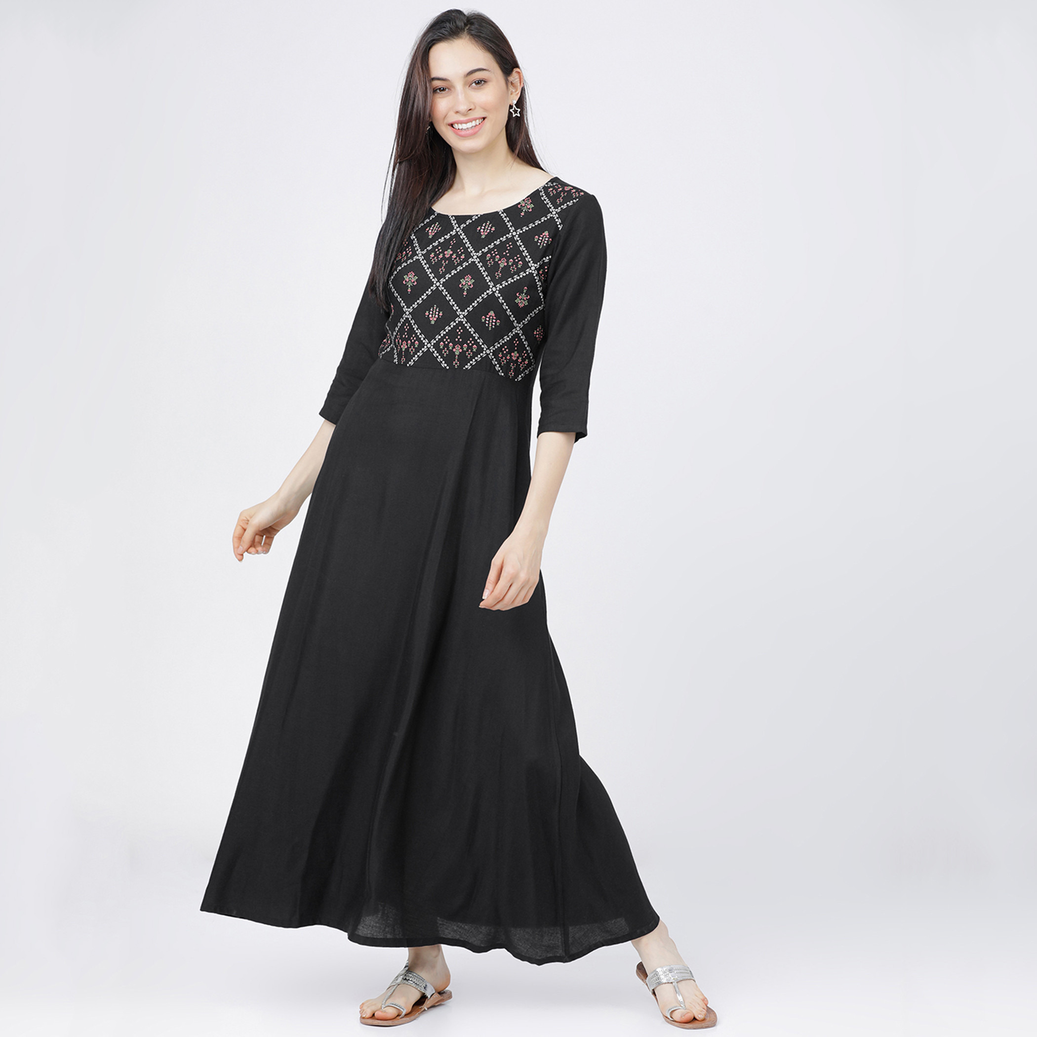 Vishudh Women Black Printed Round Neck Maxi A-Line Dress-women-clothing-ethnicwear-dresses-image-1