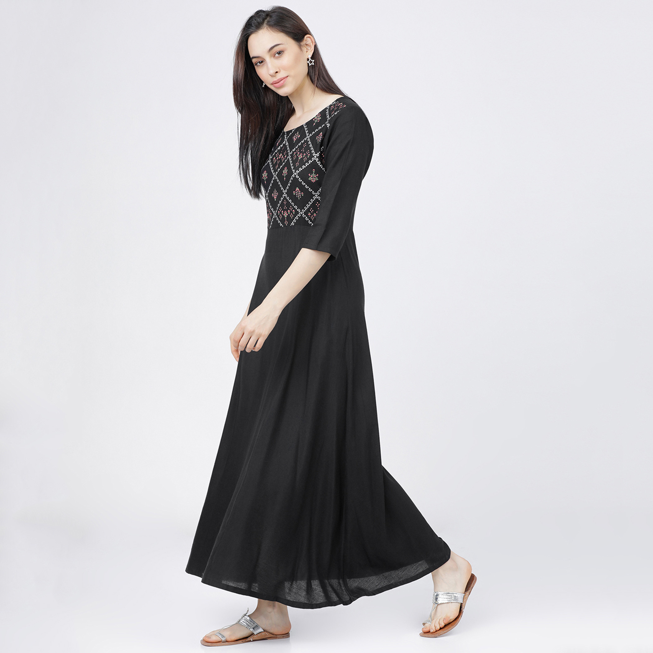 Vishudh Women Black Printed Round Neck Maxi A-Line Dress-women-clothing-ethnicwear-dresses-image-2