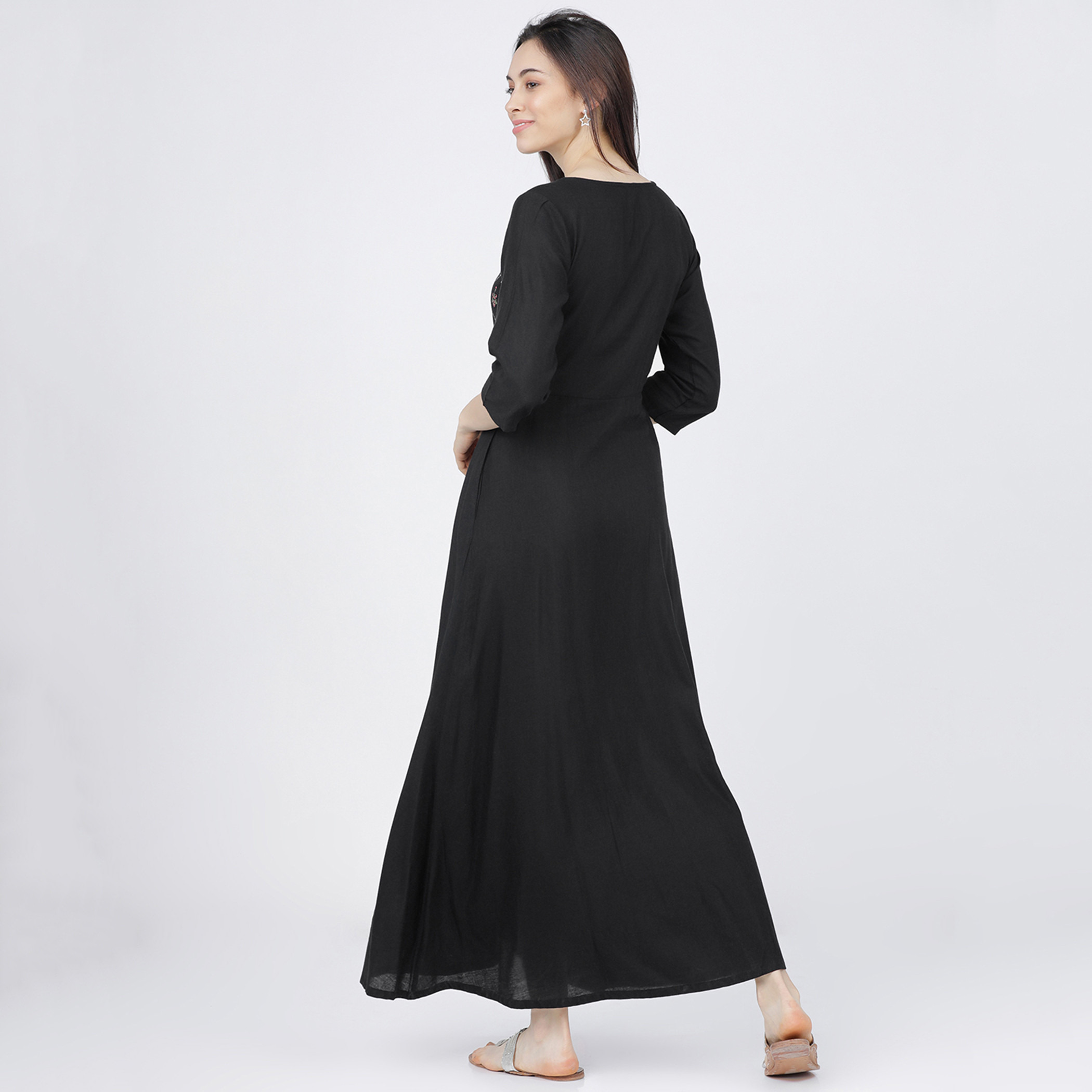 Vishudh Women Black Printed Round Neck Maxi A-Line Dress-women-clothing-ethnicwear-dresses-image-3
