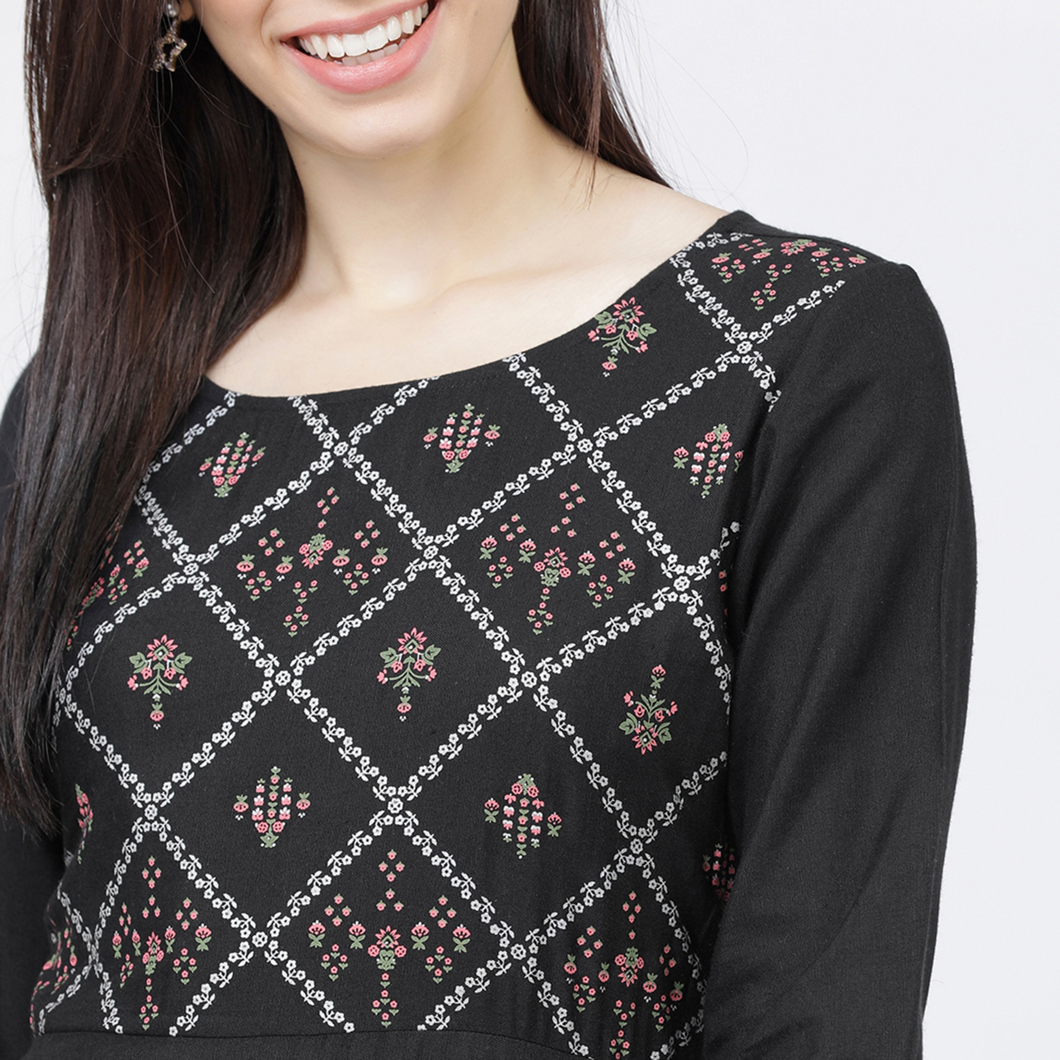 Vishudh Women Black Printed Round Neck Maxi A-Line Dress-women-clothing-ethnicwear-dresses-image-4
