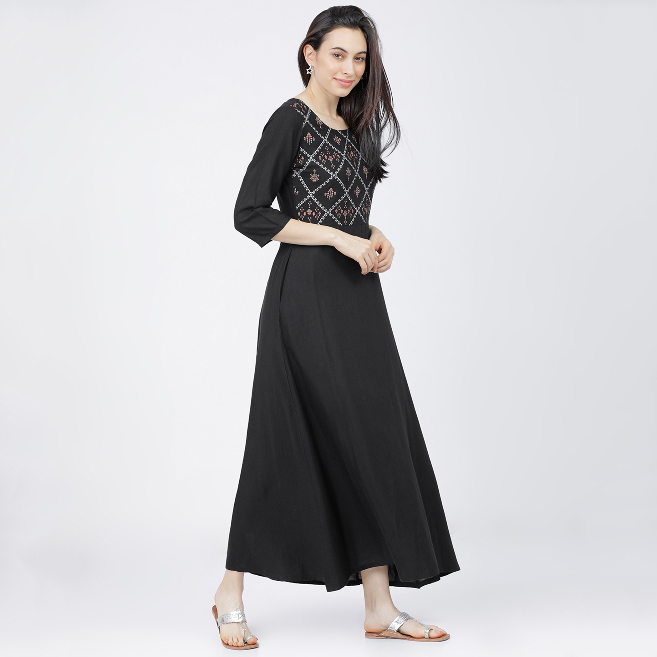 Vishudh Women Black Printed Round Neck Maxi A-Line Dress-women-clothing-ethnicwear-dresses-image-5