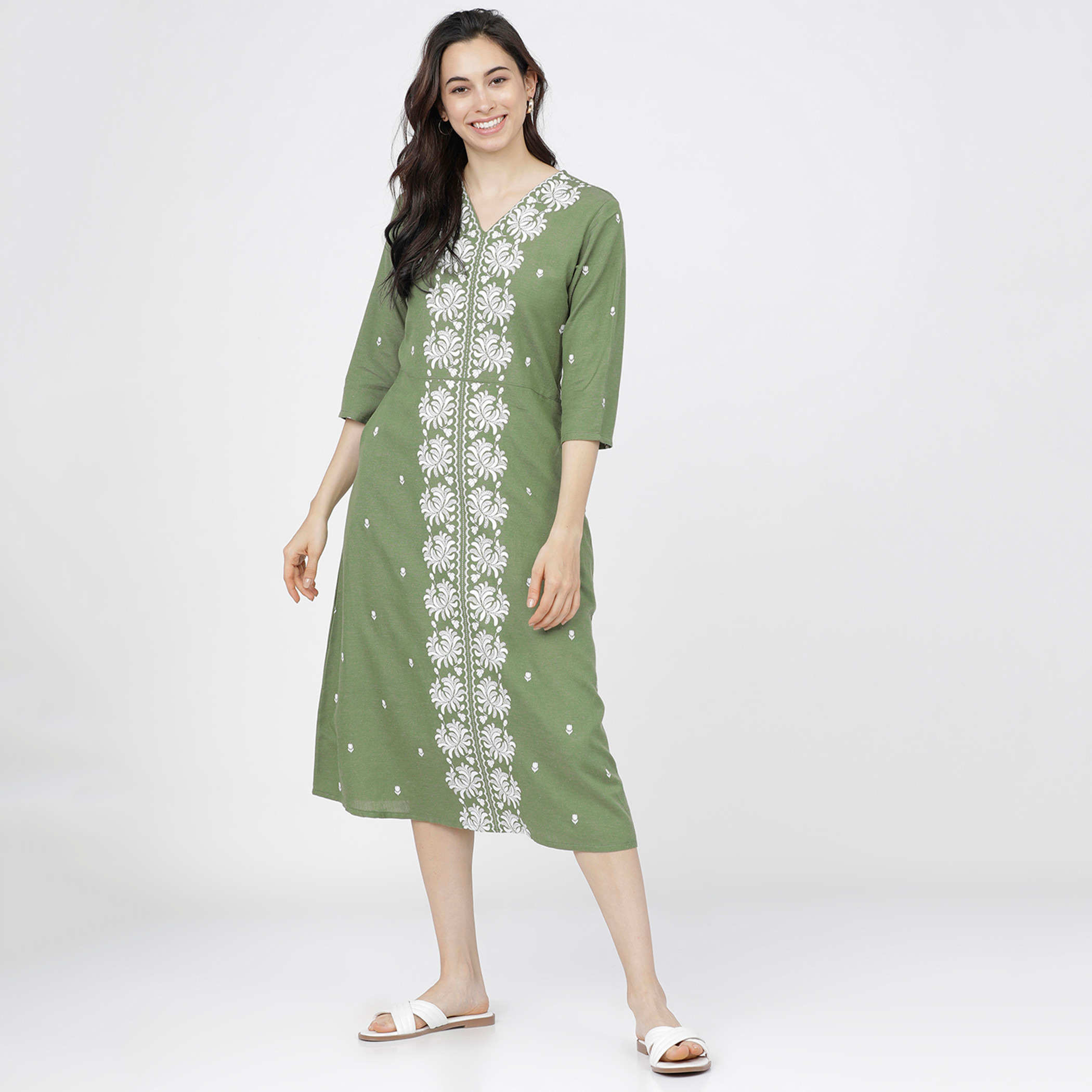 فيشوده أخضر متوسط الطول فستان-women-clothing-ethnicwear-dresses-image-1