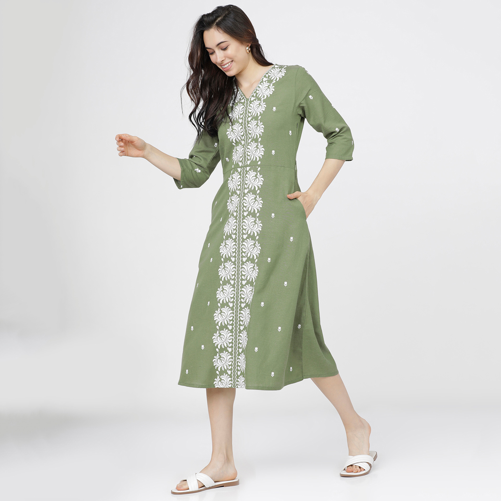 فيشوده أخضر متوسط الطول فستان-women-clothing-ethnicwear-dresses-image-2