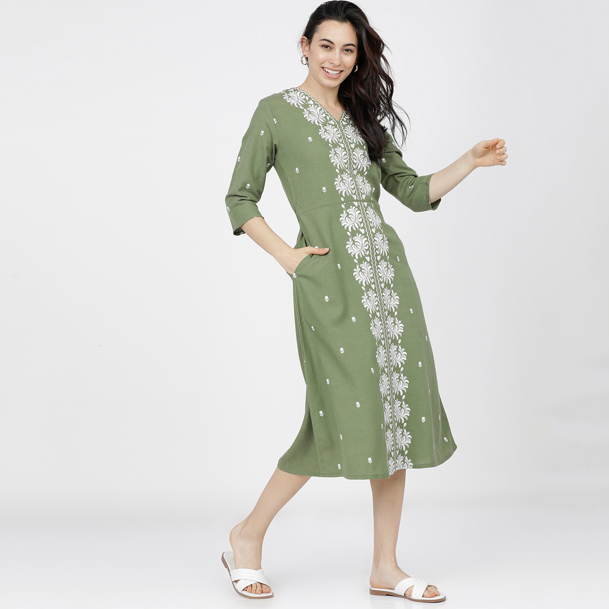 فيشوده أخضر متوسط الطول فستان-women-clothing-ethnicwear-dresses-image-5