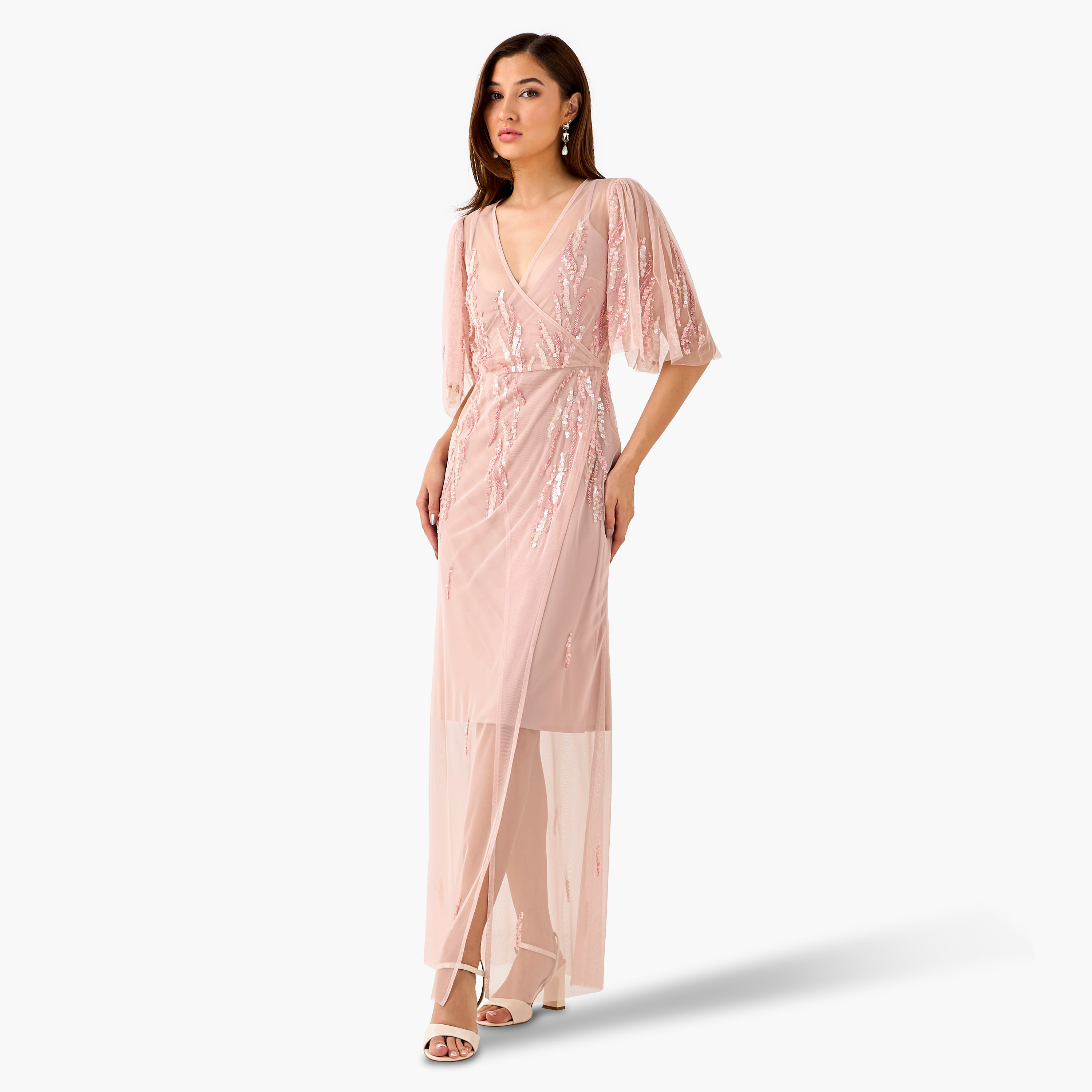 Lace & Beads Embellished Wrap Women Dress with V-neck-women-clothing-dresses-image-1