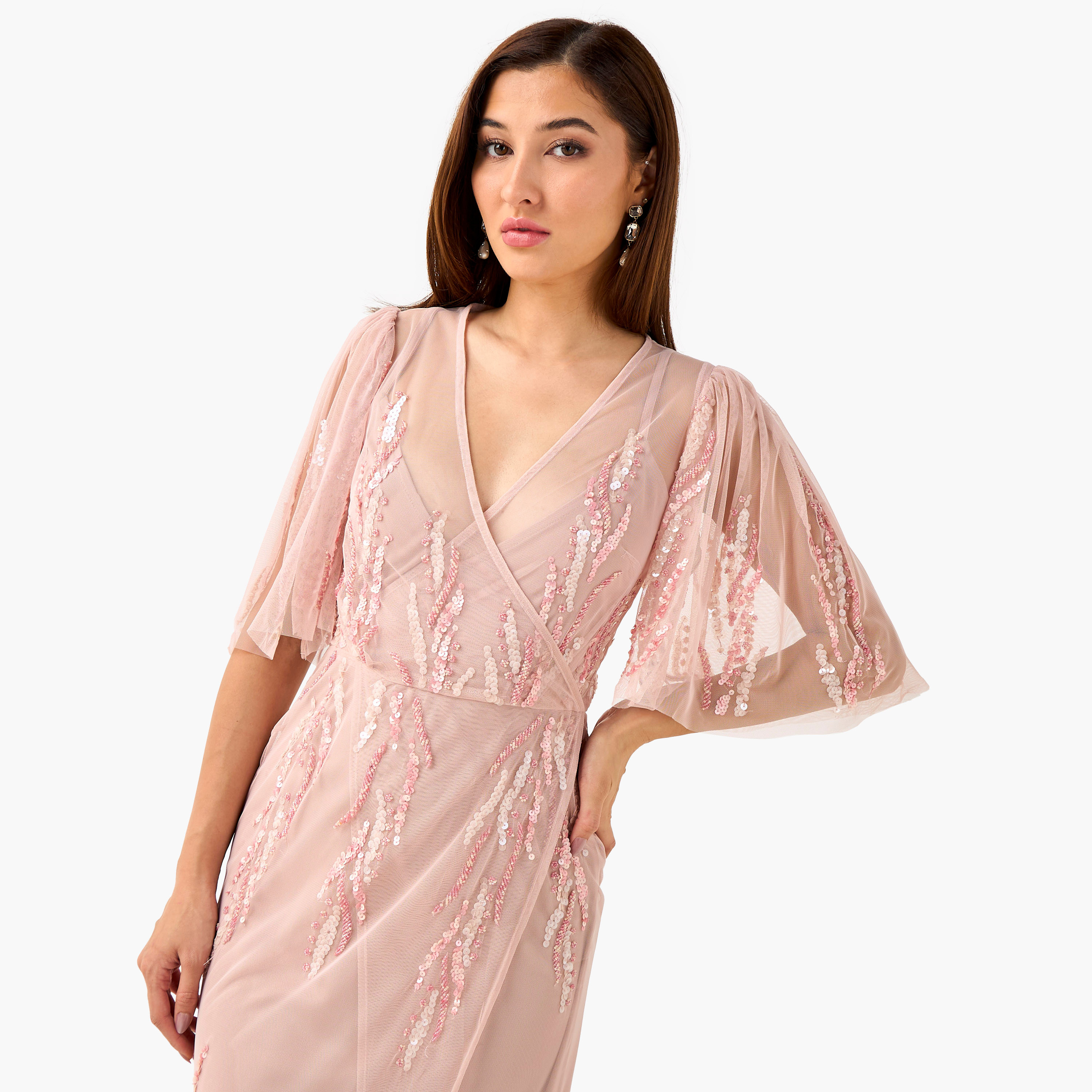 Lace & Beads Embellished Wrap Women Dress with V-neck-women-clothing-dresses-image-4