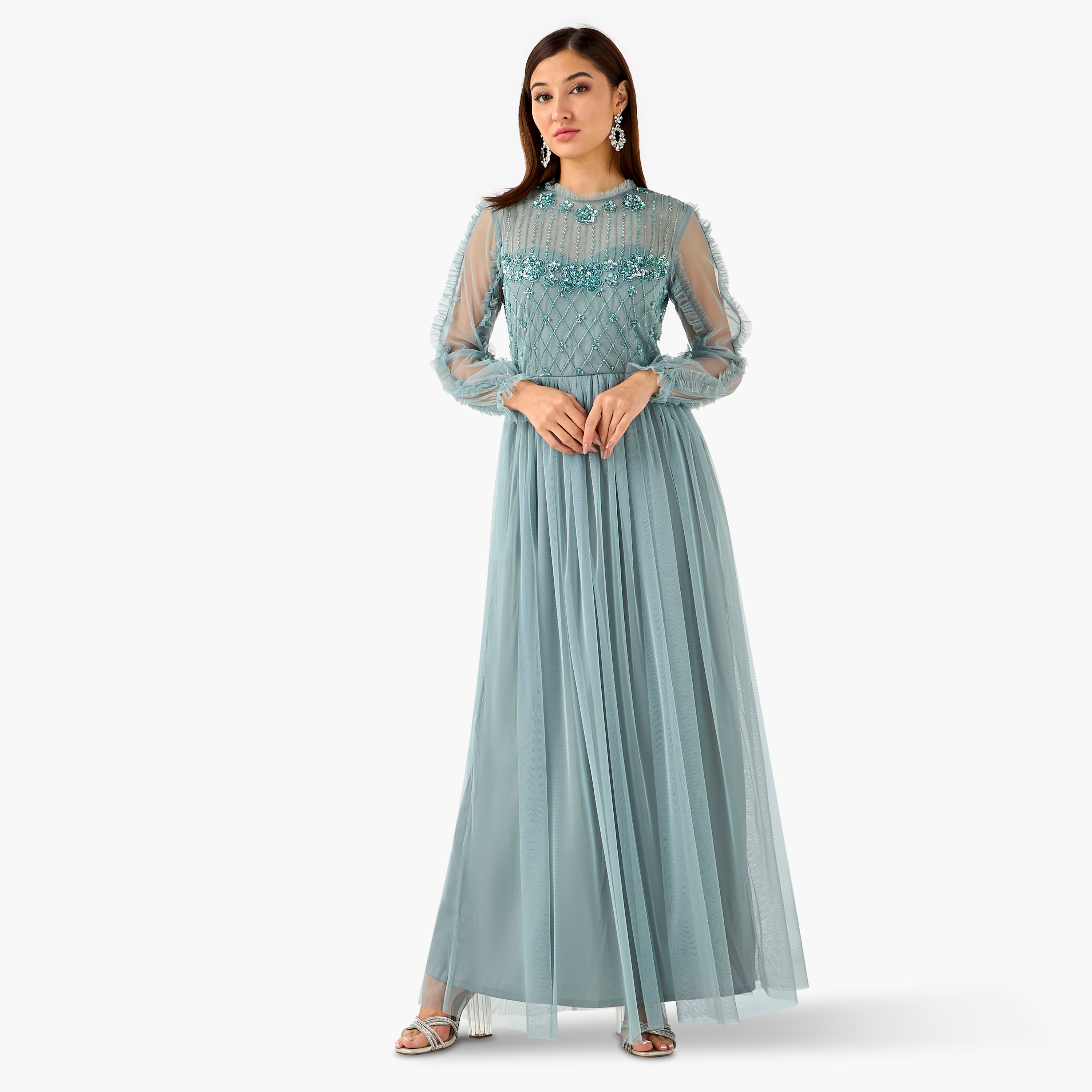 Lace & Beads Embellished Pleated Women Dress with High Neck-women-clothing-dresses-image-1