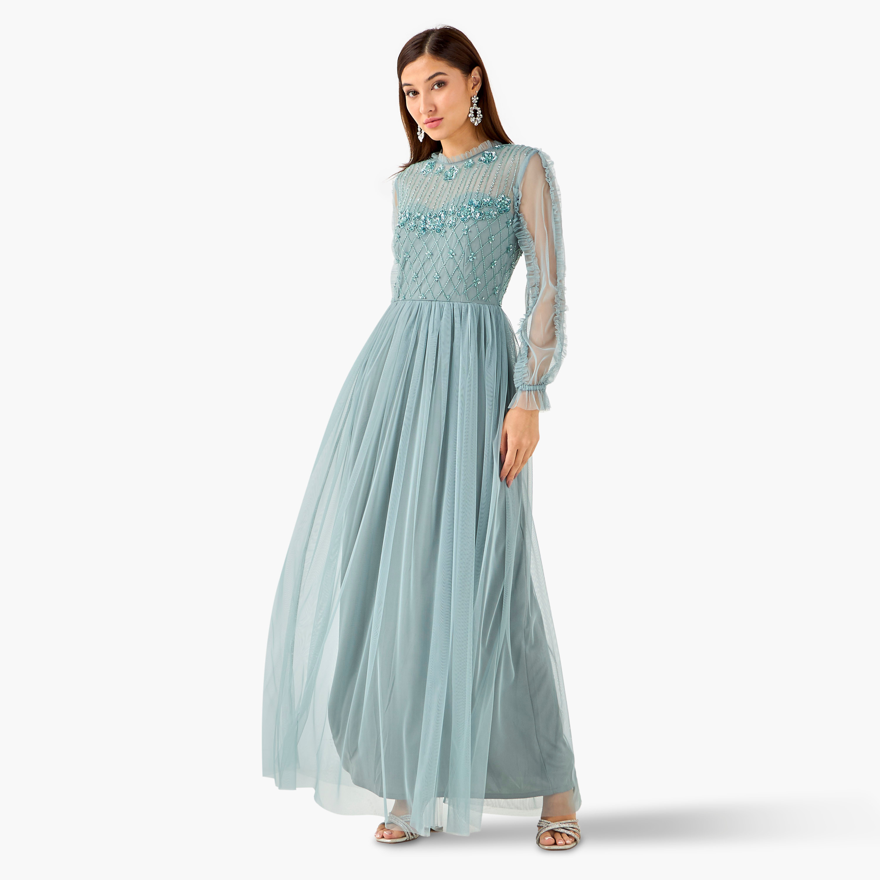 Lace & Beads Embellished Pleated Women Dress with High Neck-women-clothing-dresses-image-2