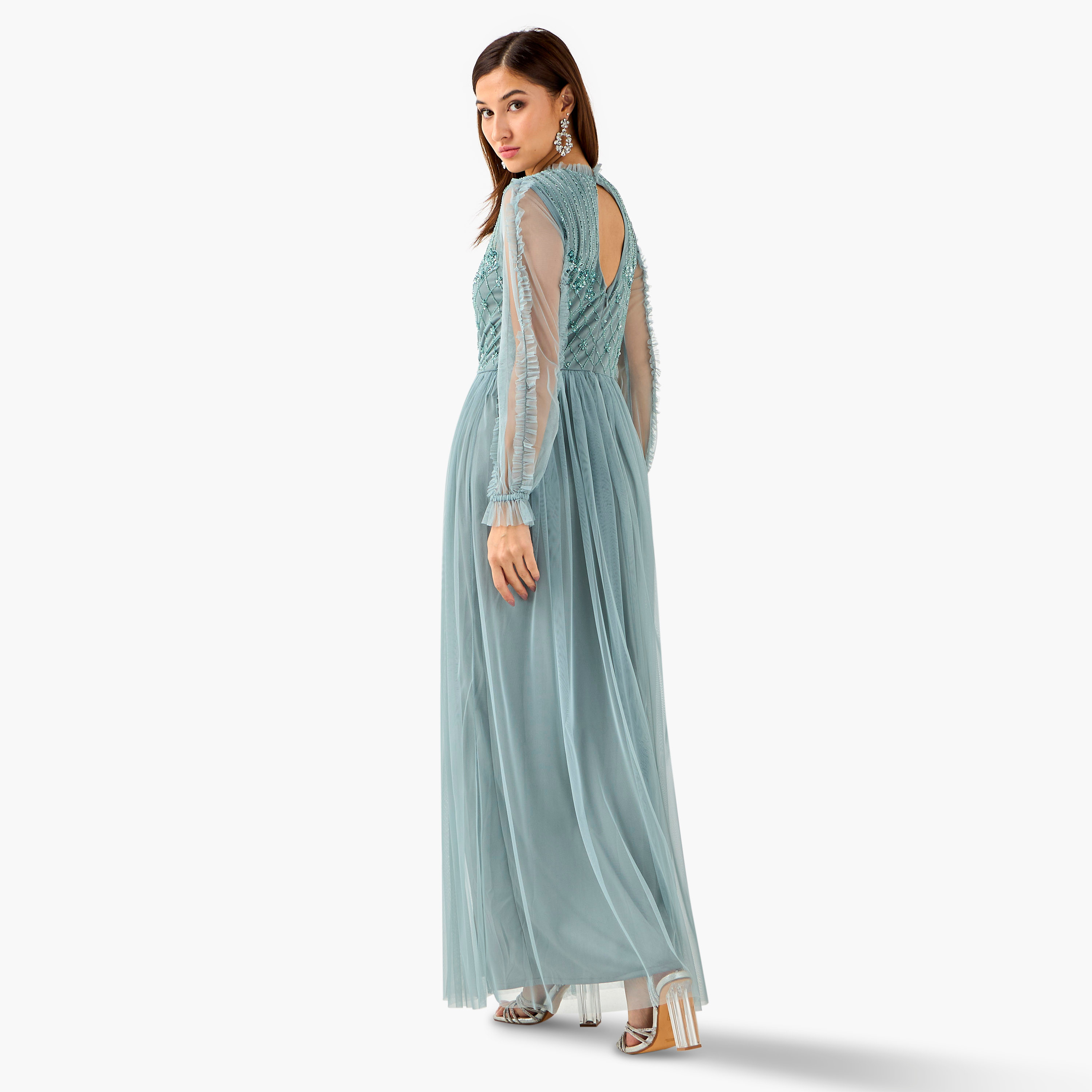 Lace & Beads Embellished Pleated Women Dress with High Neck-women-clothing-dresses-image-3