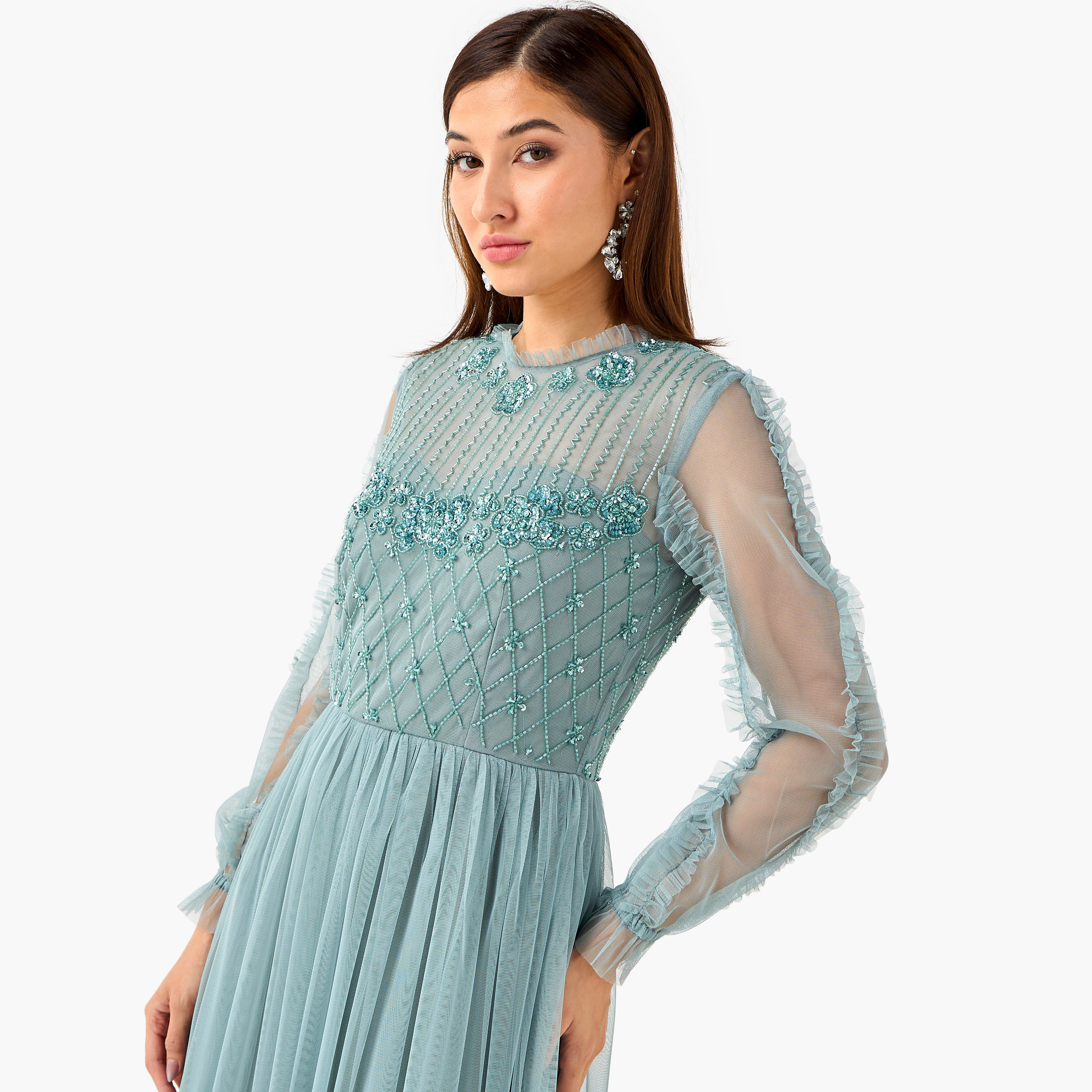 Lace & Beads Embellished Pleated Women Dress with High Neck-women-clothing-dresses-image-4