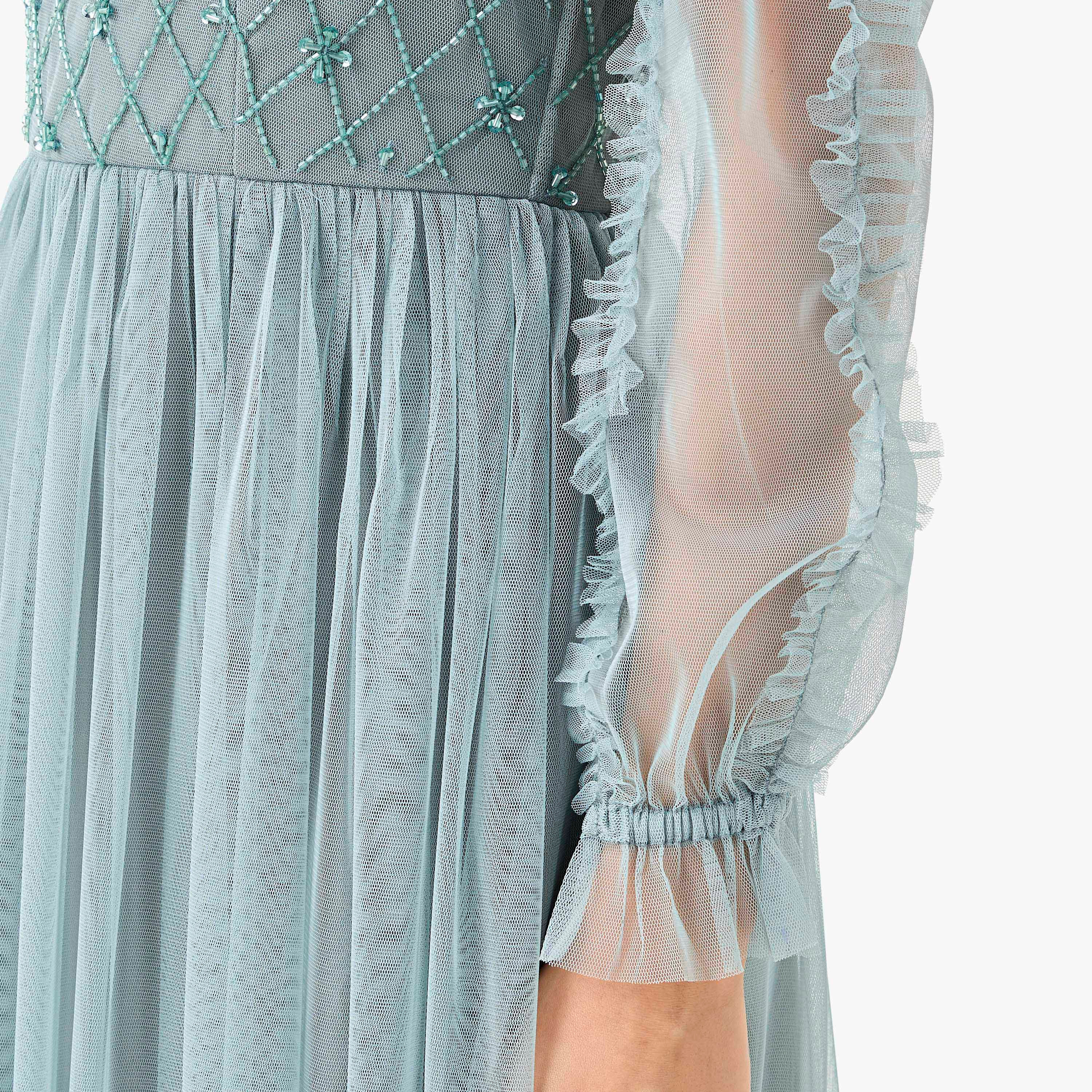 Lace & Beads Embellished Pleated Women Dress with High Neck-women-clothing-dresses-image-6