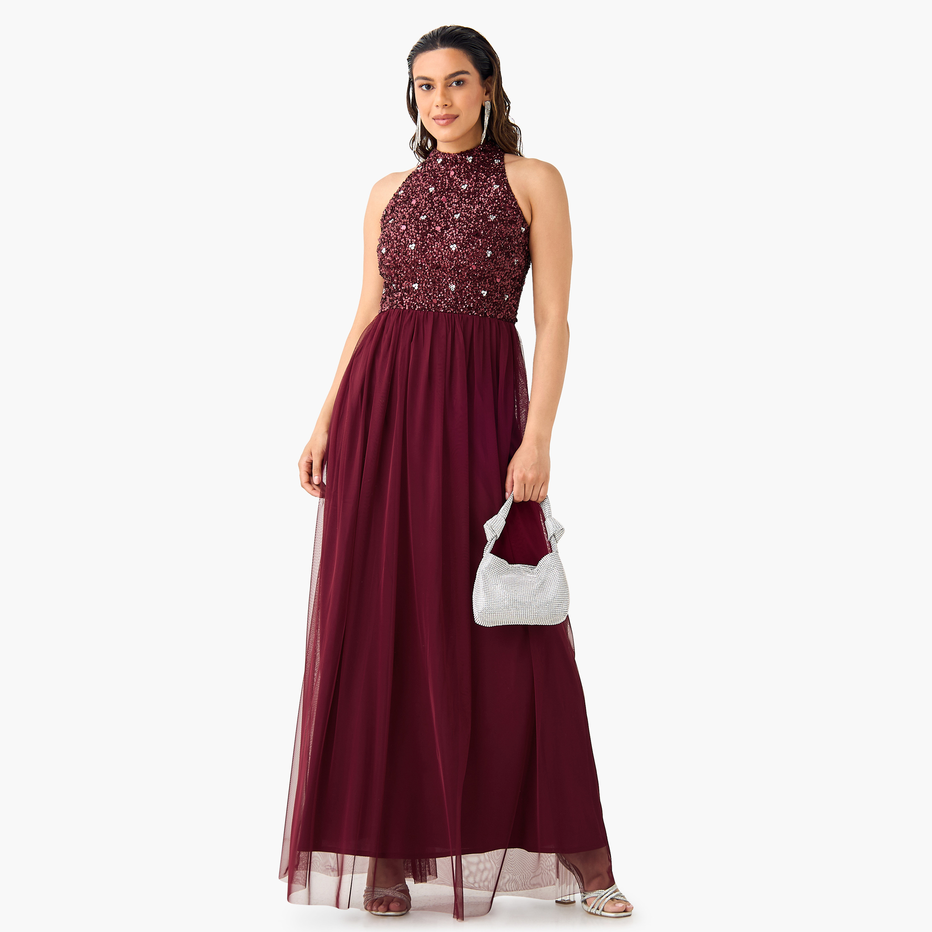 فستان ماكسي مزين بالترتر بياقة هالتر من ليس آند بيدز-women-clothing-dresses-image-1