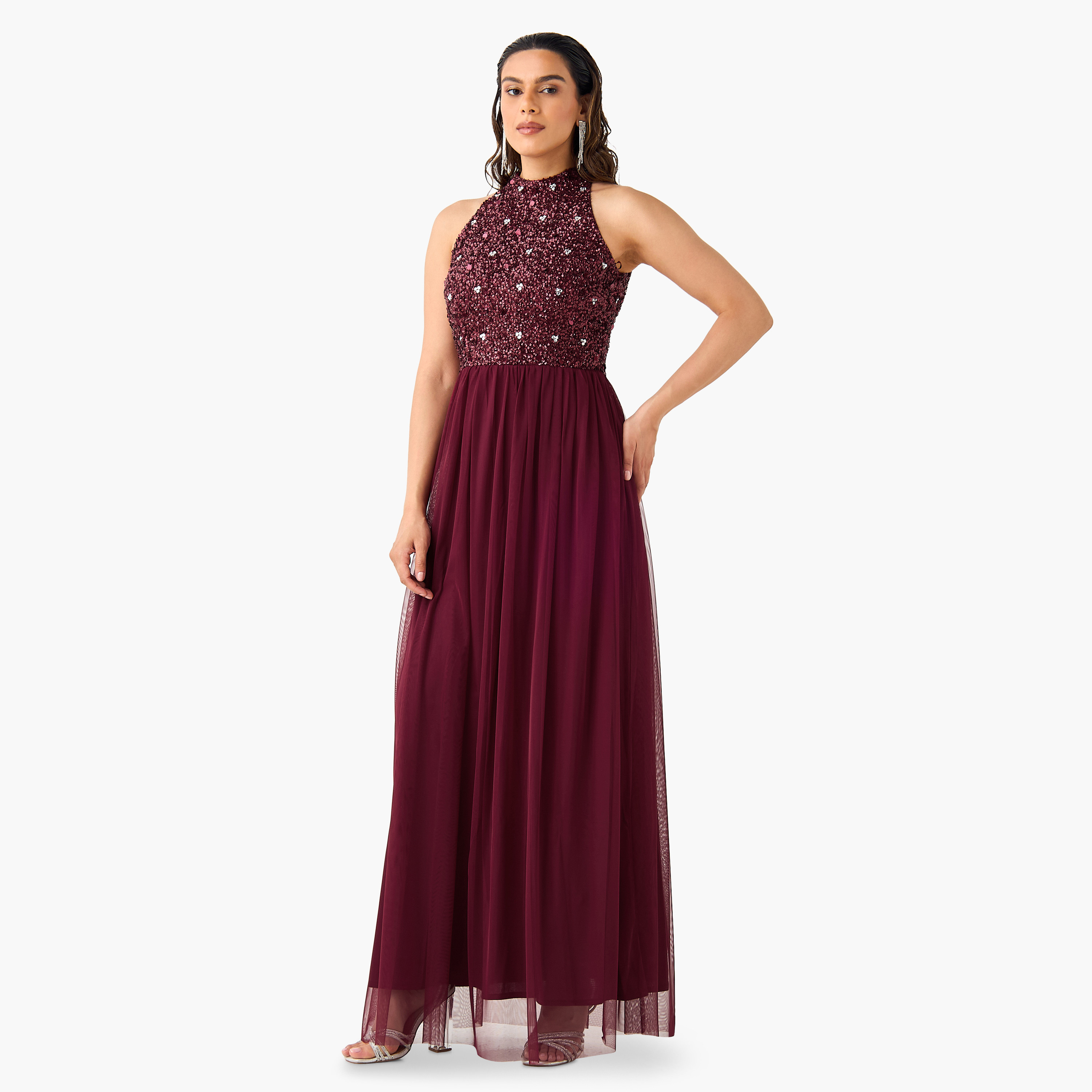 فستان ماكسي مزين بالترتر بياقة هالتر من ليس آند بيدز-women-clothing-dresses-image-3