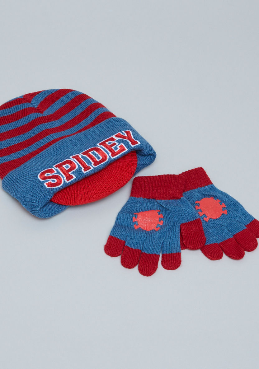 Spider-Man Striped Beanie Cap with Printed Gloves-Caps-image-0