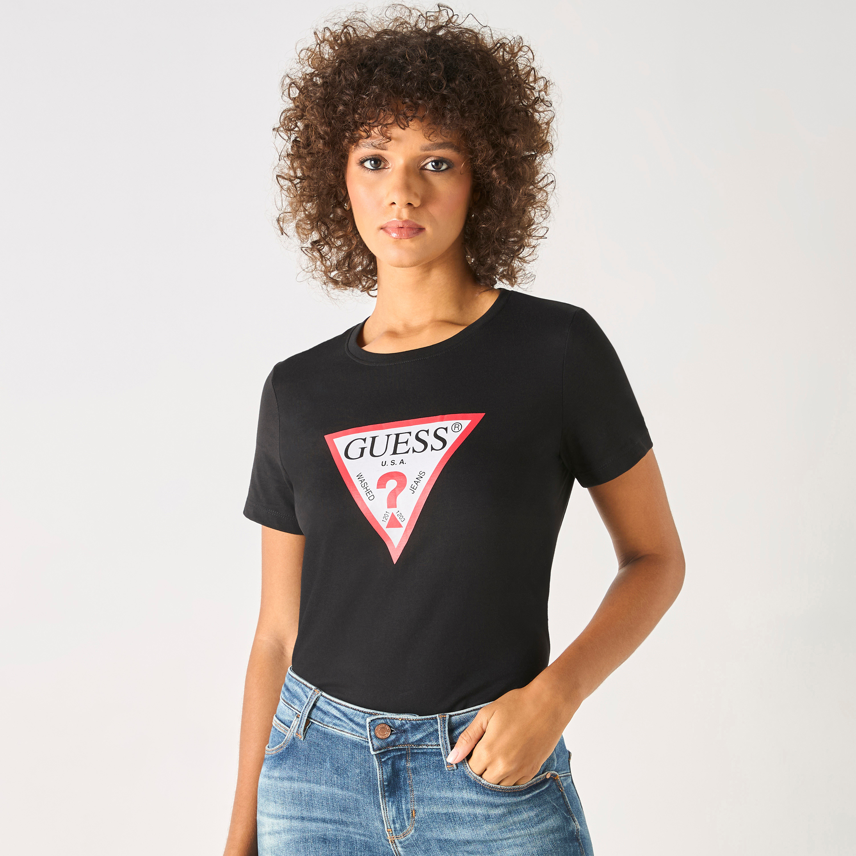 Guess Logo Print Round Neck T shirt with Short Sleeves