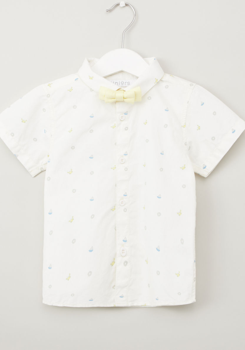 Juniors All Over Print Shirt with Short Sleeves and Bow Applique-Shirts-image-0