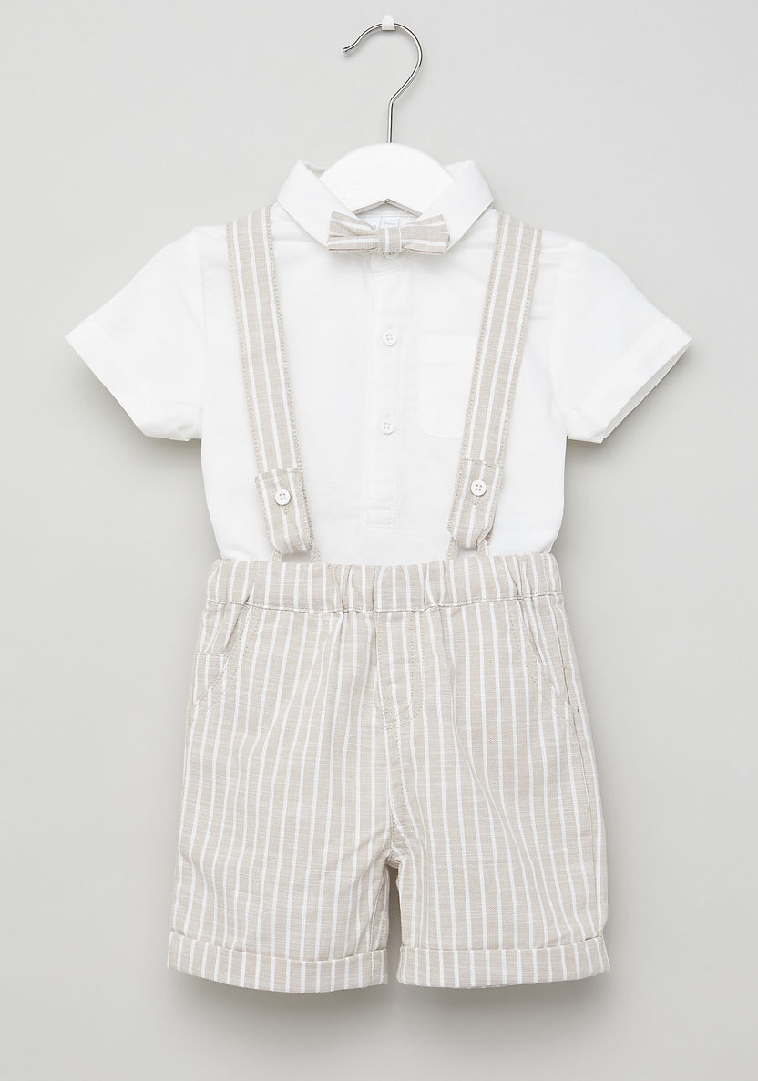 Juniors Solid Short Sleeves Shirt with Striped Shorts and Suspenders-Clothes Sets-image-0