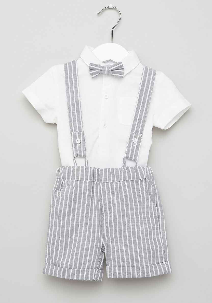 Juniors Solid Shirt with Striped Shorts and Suspenders-Clothes Sets-image-0