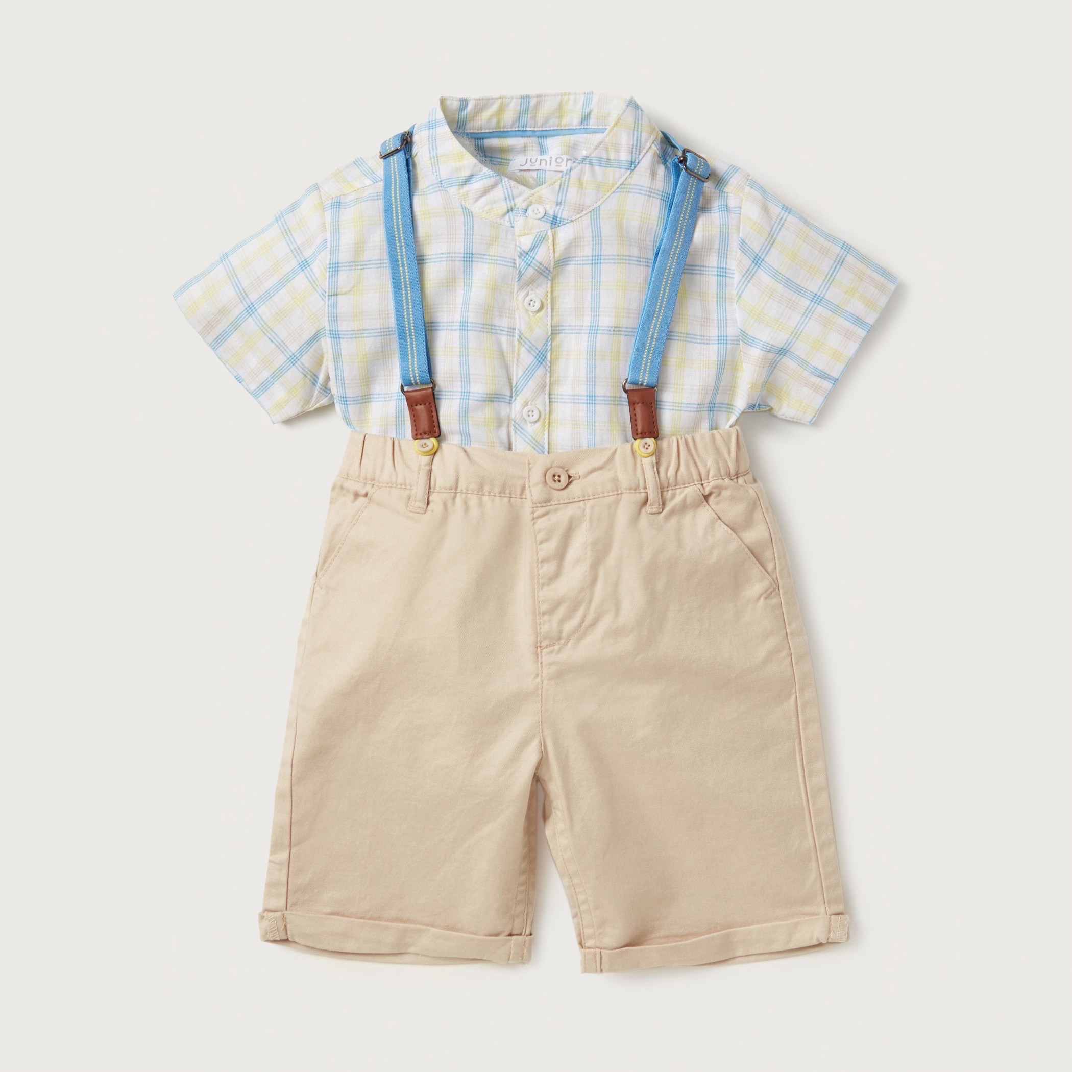 Juniors Chequered Short Sleeves Shirt and Shorts with Suspenders Set-baby-boys-clothing-setsandcoords-image-1