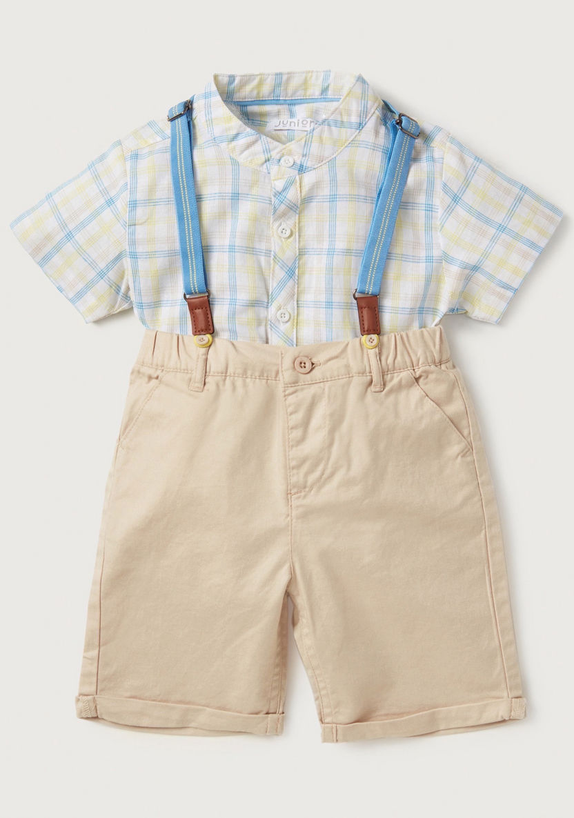 Juniors Chequered Short Sleeves Shirt and Shorts with Suspenders Set-Clothes Sets-image-0