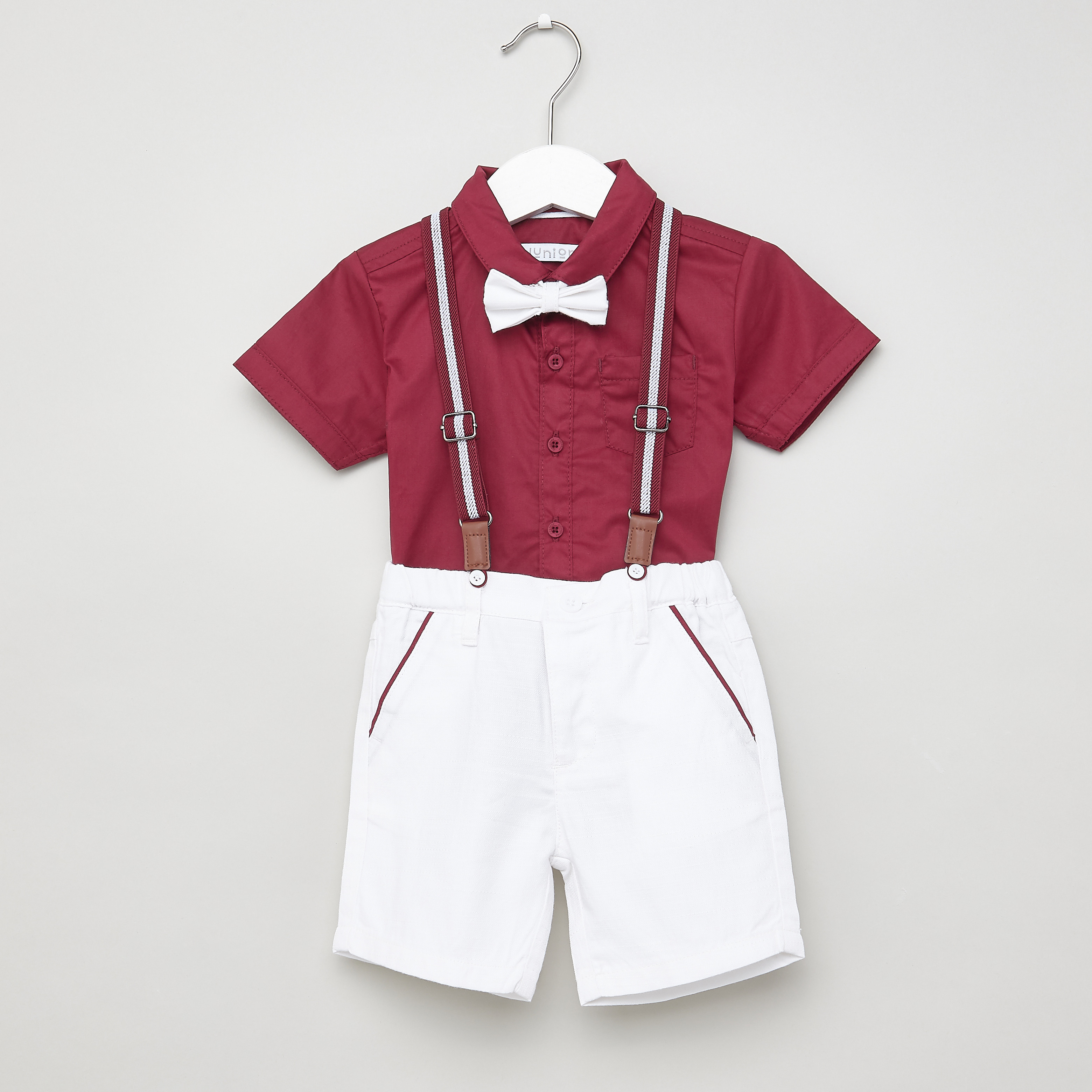 Juniors Textured Shirt with Solid Shorts and Suspenders-baby-boys-clothing-setsandcoords-image-1