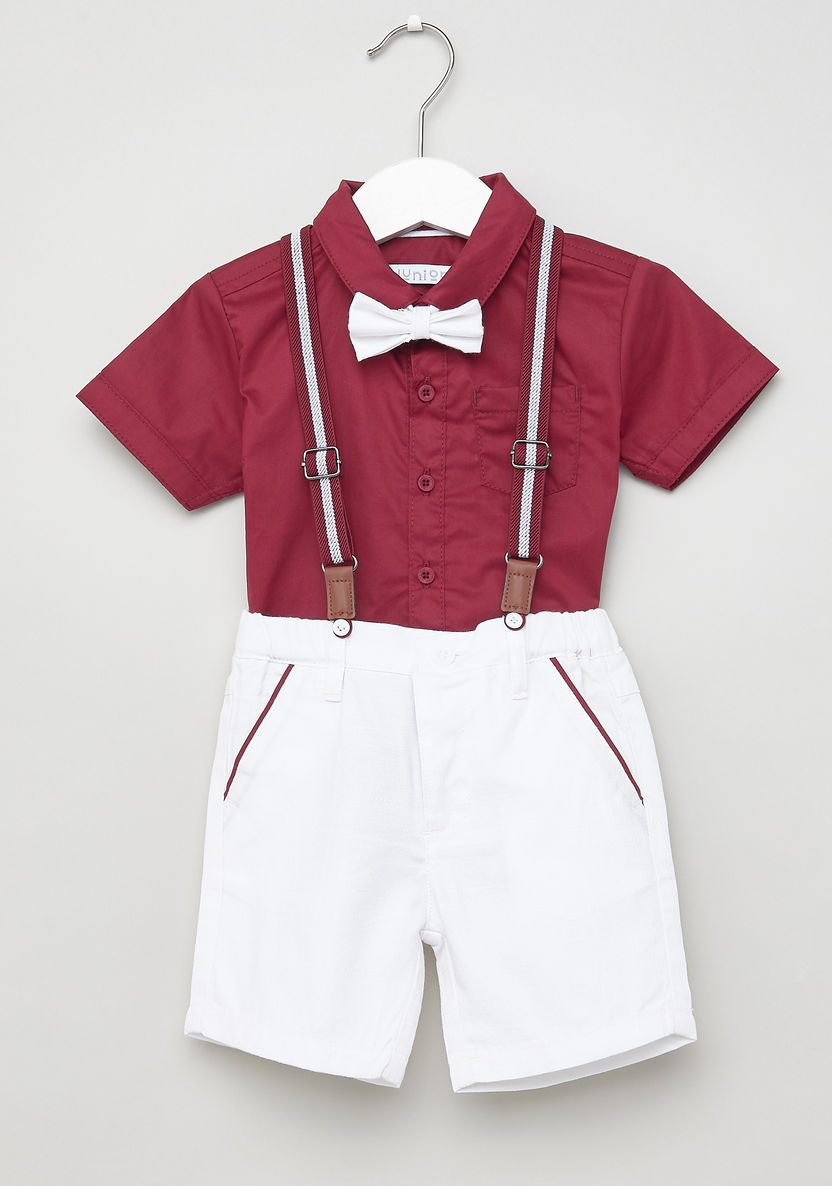 Juniors Textured Shirt with Solid Shorts and Suspenders-Clothes Sets-image-0