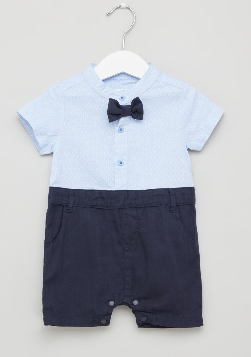 Juniors Textured Romper with Bow Tie and Snap Button Closure-Rompers%2C Dungarees and Jumpsuits-image-0