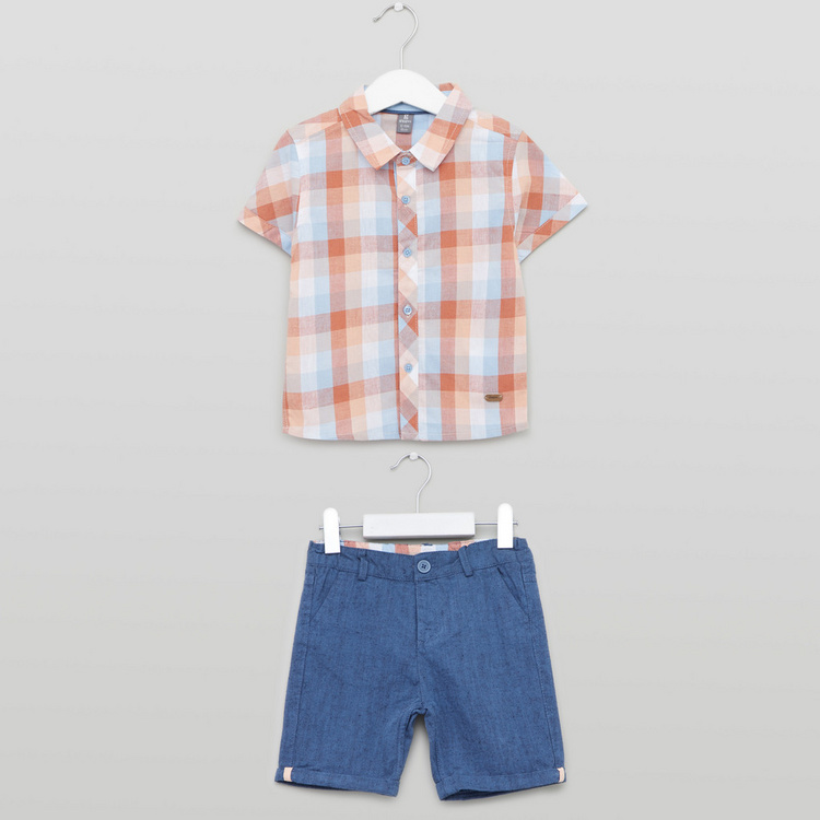 Giggles Checked Short Sleeves Shirt with Textured Shorts