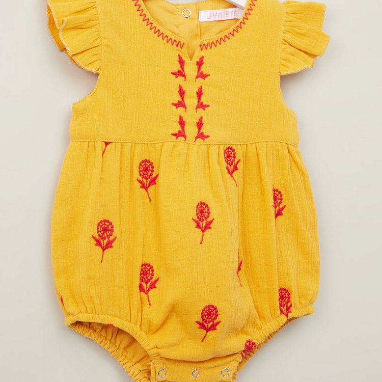 Juniors Embroidered Romper with Round Neck and Cap Sleeves