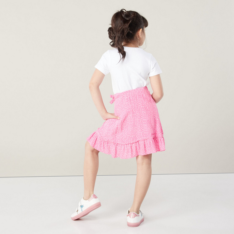 Juniors Printed Skirt with Ruffle Detail and Bow Applique