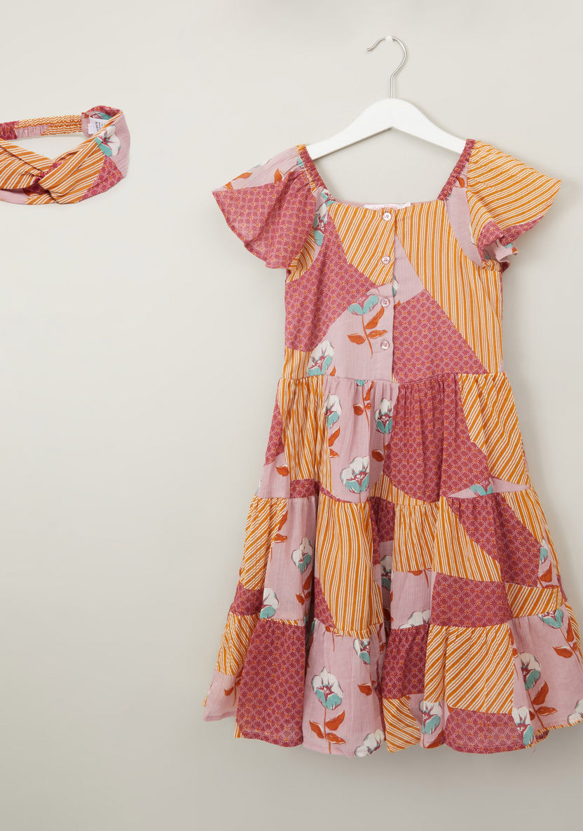 Juniors Printed A-line Dress and Headband Set-Dresses%2C Gowns and Frocks-image-0