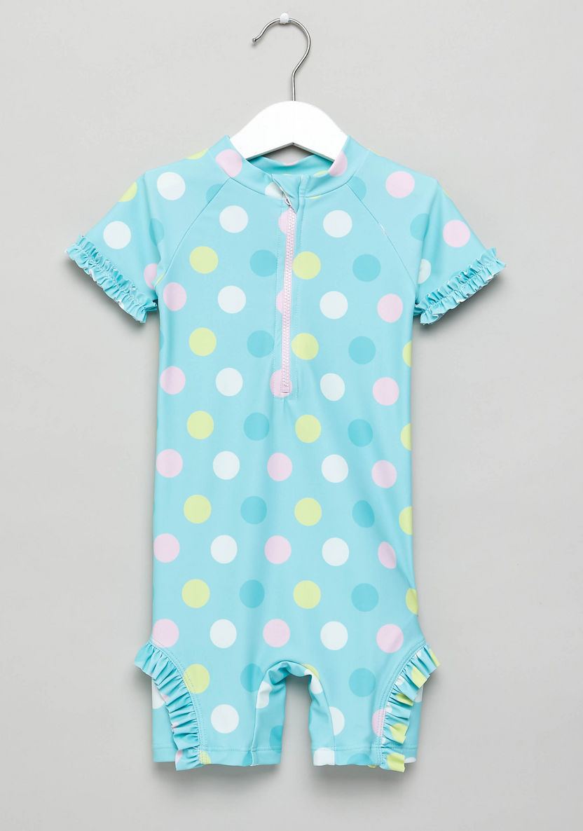 Polka Dotted Swimsuit with Round Neck and Short Sleeves-Swimwear-image-0