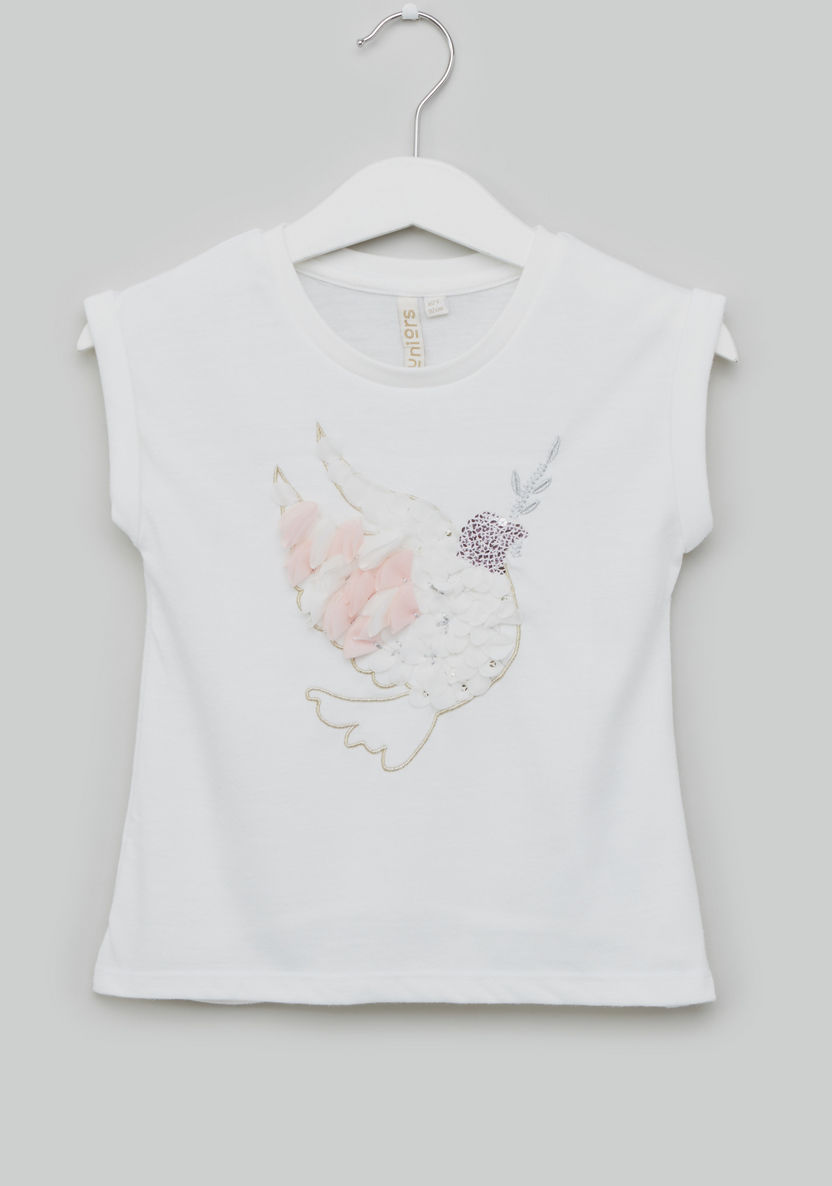 Juniors Bird Print T-shirt with Applique Detail-T Shirts-image-0